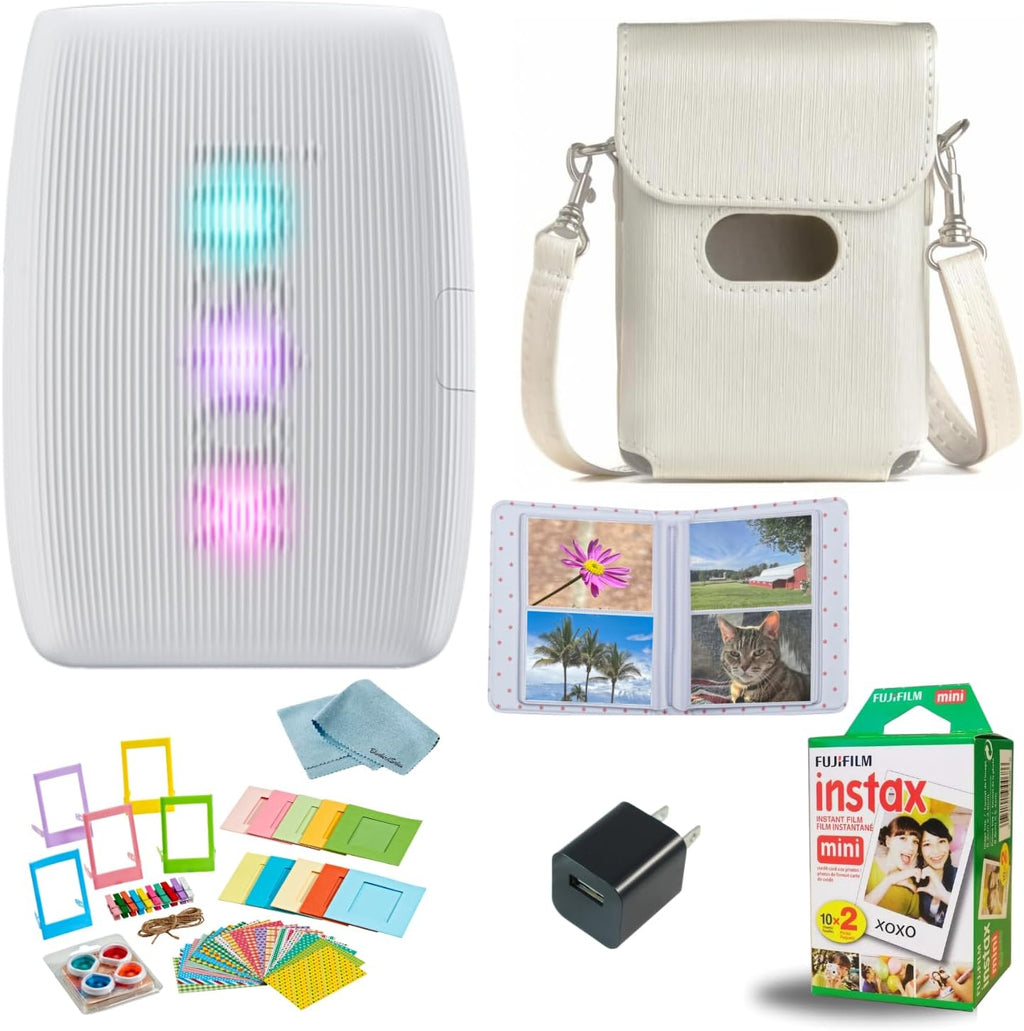 Fujifilm INSTAX Mini Link 3 Smartphone Printer + INSTAX Mini Instant Film (20 Sheets) + USB Wall Charger + BluebirdSales Travel Bag, Photo Album, Microfiber Cleaning Cloth (Clay White)