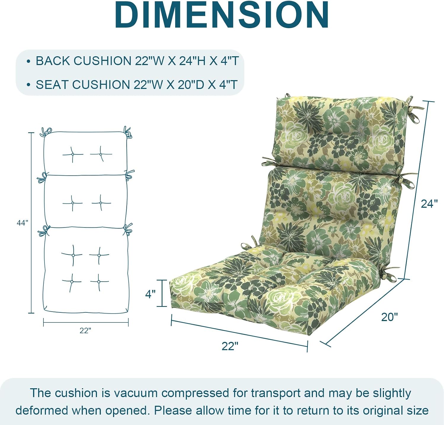 DYTXIII Outdoor High Back Chair Cushions Set of 2, Water Repellent Tufted Rocking Seat Cushions Replacement 44 x 22 Inch, Seat & Back Chair Pads for Patio, Balcony and Indoor Use -Green Rose