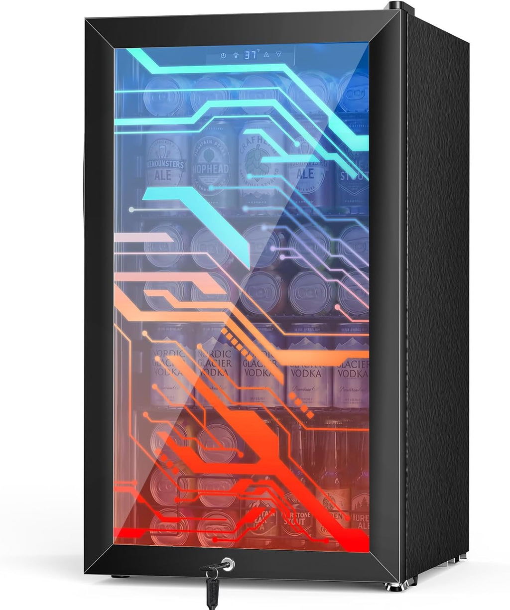 Beverage Refrigerator with LED Light Up Door – 128 Can Freestanding Drink Fridge, Small Beer Cooler with 4 Removable Shelves, Child Safety Lockfor Gaming Room Home Bar Party,Cyberpunk