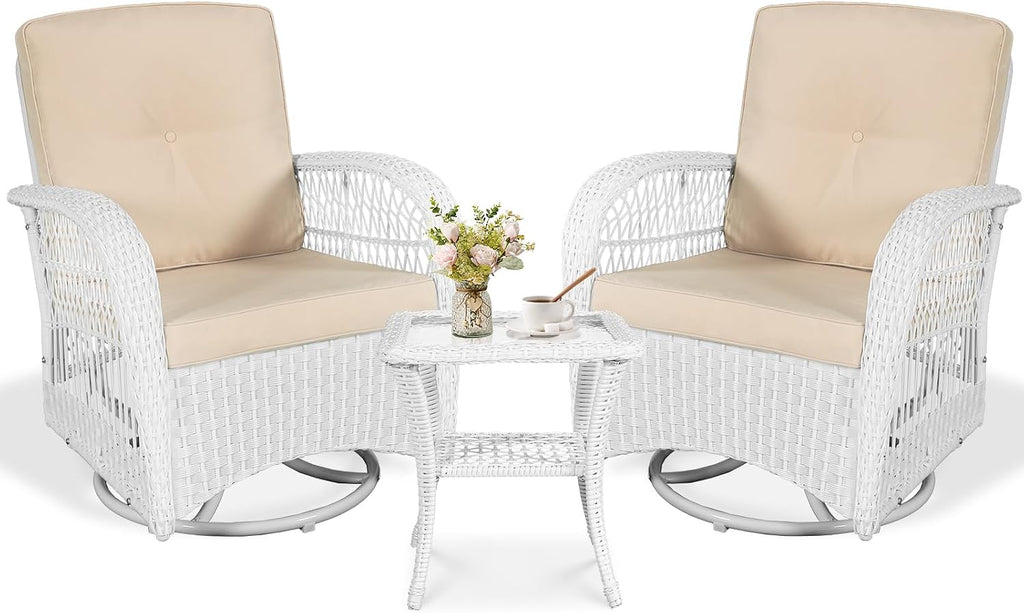 VIVIJASON 3-Piece Patio Conversation Bistro Set, Outdoor Swivel Glider Rocking Chairs Rattan Furniture Set w/ 2 Rattan Chairs, Glass Top Side Table for Porch Backyard, White - Beige