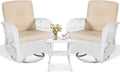 VIVIJASON 3-Piece Patio Conversation Bistro Set, Outdoor Swivel Glider Rocking Chairs Rattan Furniture Set w/ 2 Rattan Chairs, Glass Top Side Table for Porch Backyard, White - Beige
