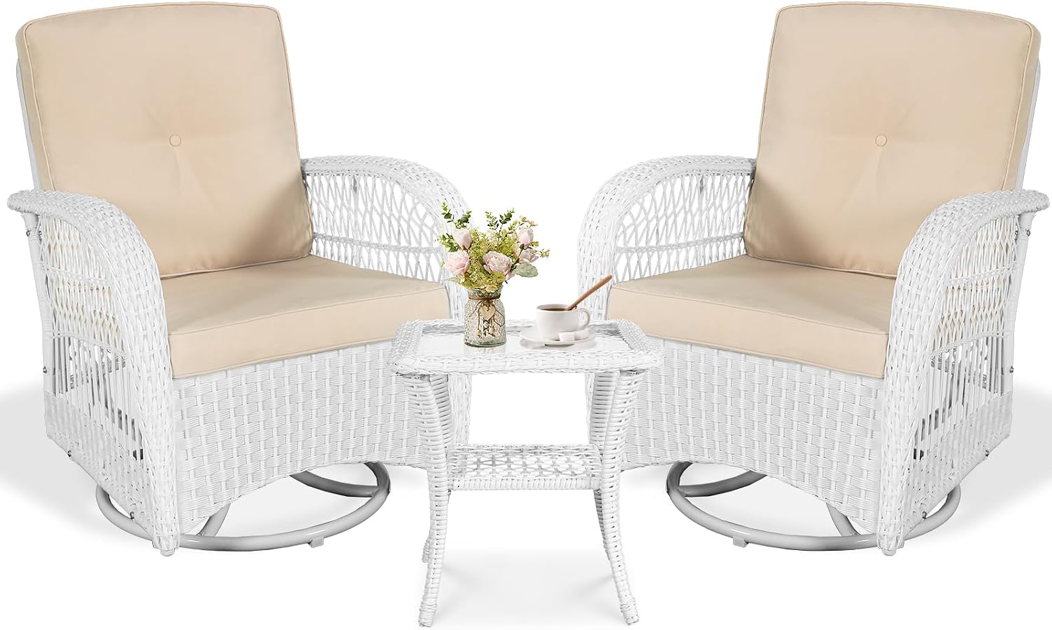 VIVIJASON 3-Piece Patio Conversation Bistro Set, Outdoor Swivel Glider Rocking Chairs Rattan Furniture Set w/ 2 Rattan Chairs, Glass Top Side Table for Porch Backyard, White - Beige