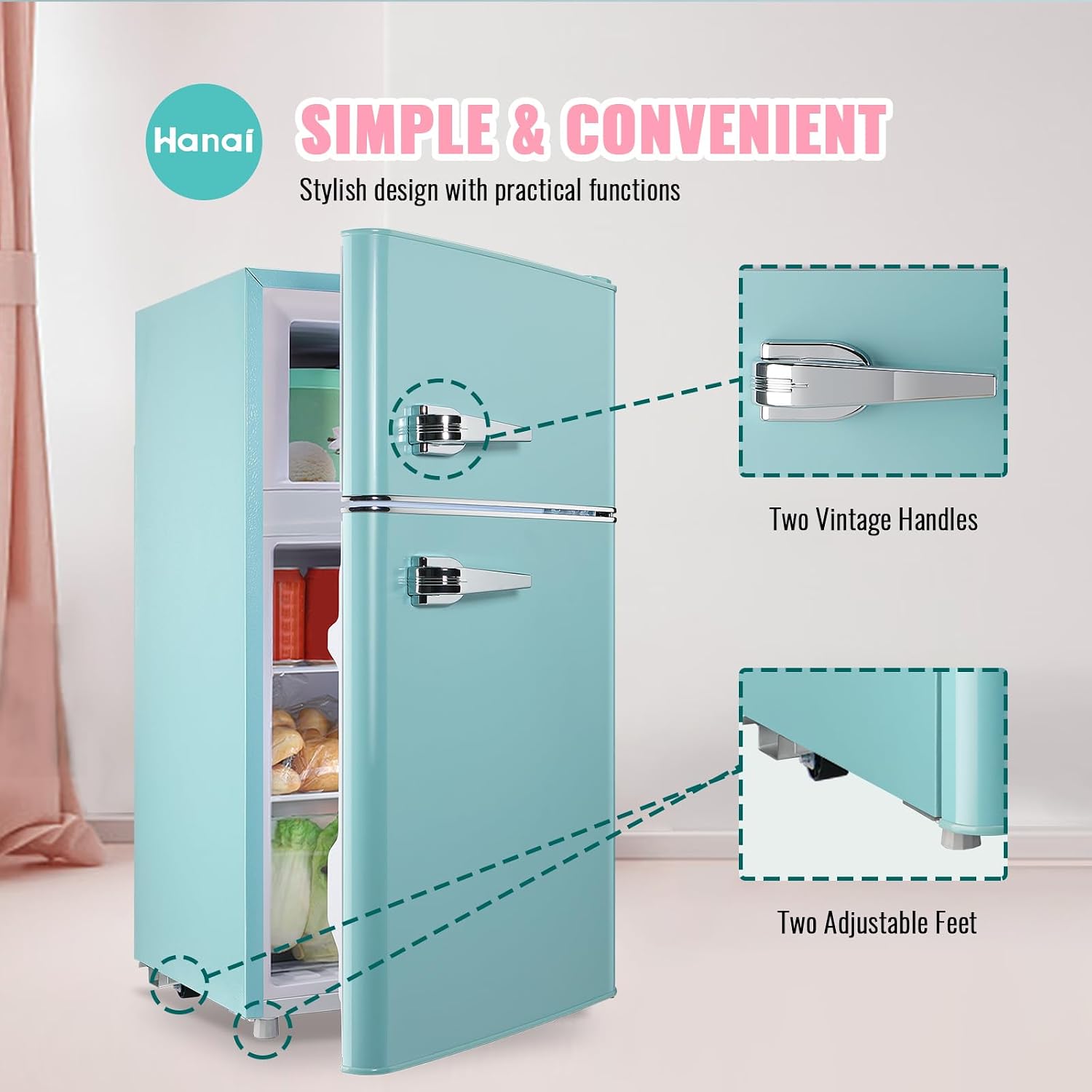 WANAI 3.5 Cu.ft Refrigerators Full-sized Fridge with Freezer Handles Blue Fridge Dual Door Classic Retro Refrigerator Removable Glass Shelves Adjustable Thermostat for Home Office Dorm RV