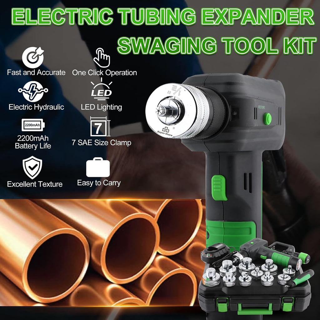 Electric Tubing Expander Swaging Tool Kit, with 2200mAh Powered, 7 Expander Heads for 3/8' to 1-1/8', Power HVAC Expander Tool with Tube Cutter, Deburring Tool for Copper Aluminum Pipes