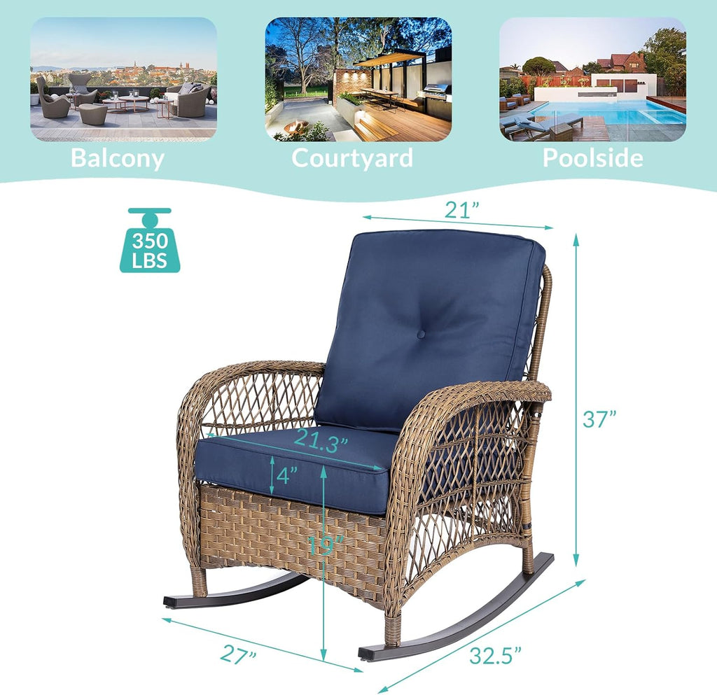 MEETWARM Outdoor Wicker Rocking Chair, Rattan Patio Rocker Chairs with Cushions and High Back, All-Weather Patio Wicker Chair with Safe Rocking Design for Garden Backyard Porch, Brown/Navy Blue