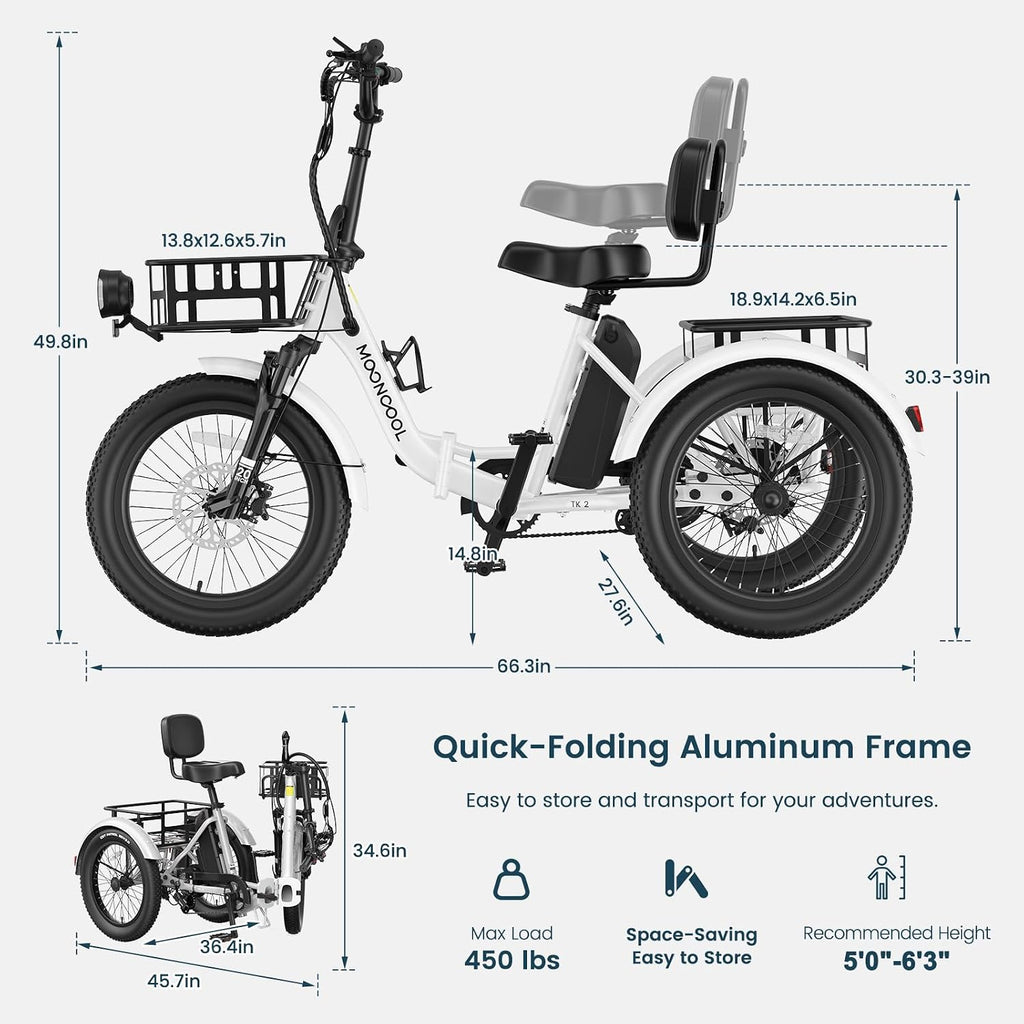 MOONCOOL Foldable Electric Tricycle for Adults, 20' Aluminum Etrike Fat Tire, Rated 500W 48V 15Ah Rear Differential, Front Suspension, 15.5MPH, 450LBS Payload, 95% Pre-Assembled