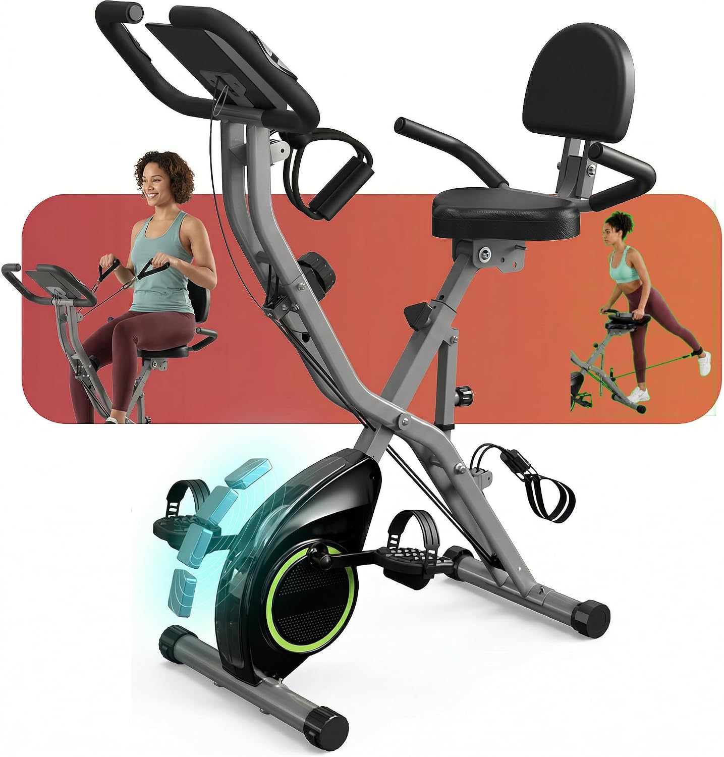 USLIM Foldable Exercise Bike Stationary Bikes for Home, 5 IN 1 Indoor Workout Bike, Cycling Bike with 16-Level Quiet Magnetic Resistance, 6.6 LBS Flywheel and 300LBS Capacity for Senior and Home Workout
