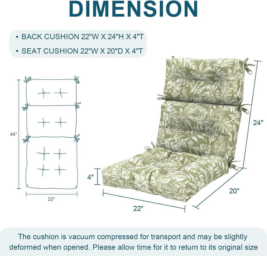 DYTXIII Outdoor High Back Chair Cushions Set of 2, Water Repellent Tufted Rocking Seat Cushions Replacement 44 x 22 Inch, Seat & Back Chair Pads for Patio, Balcony and Indoor Use -Tropical Leaf Green