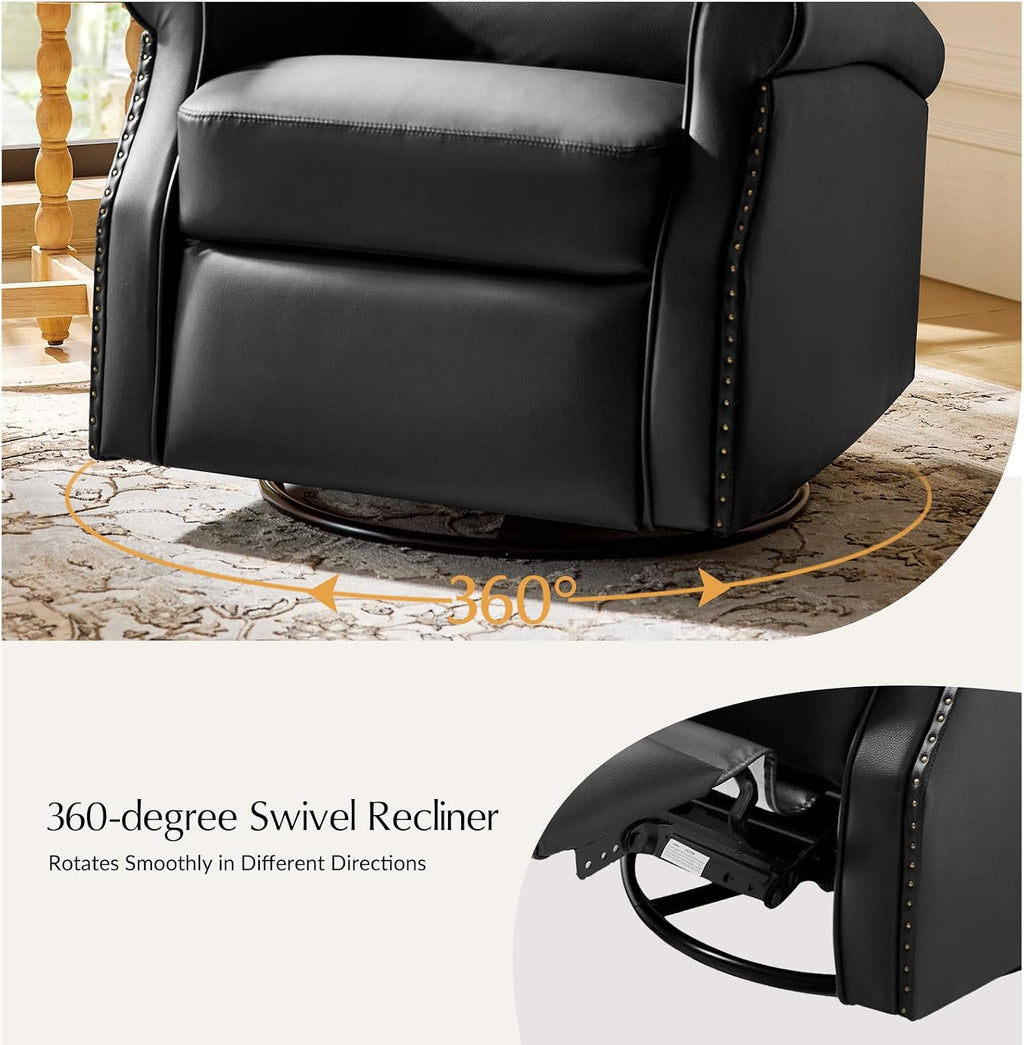 HULALA HOME Faux Leather Swivel Rocker Recliner with Adjustable Backrest and Footrest, Push Back Recliner Chair with Nailhead Trim, 360° Swivel Glider Rocking Chair for Living Room Bedroom, Black