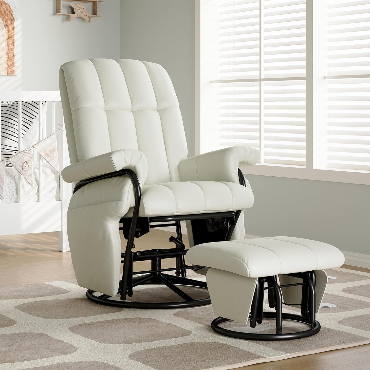 AODAILIHB 360° Swivel Glider Recliner with Ottoman, Nursing Glider Rocking Chair with Foot Rest & 2 Side Pockets for Nursery, Living Room, Bedroom, Office, White