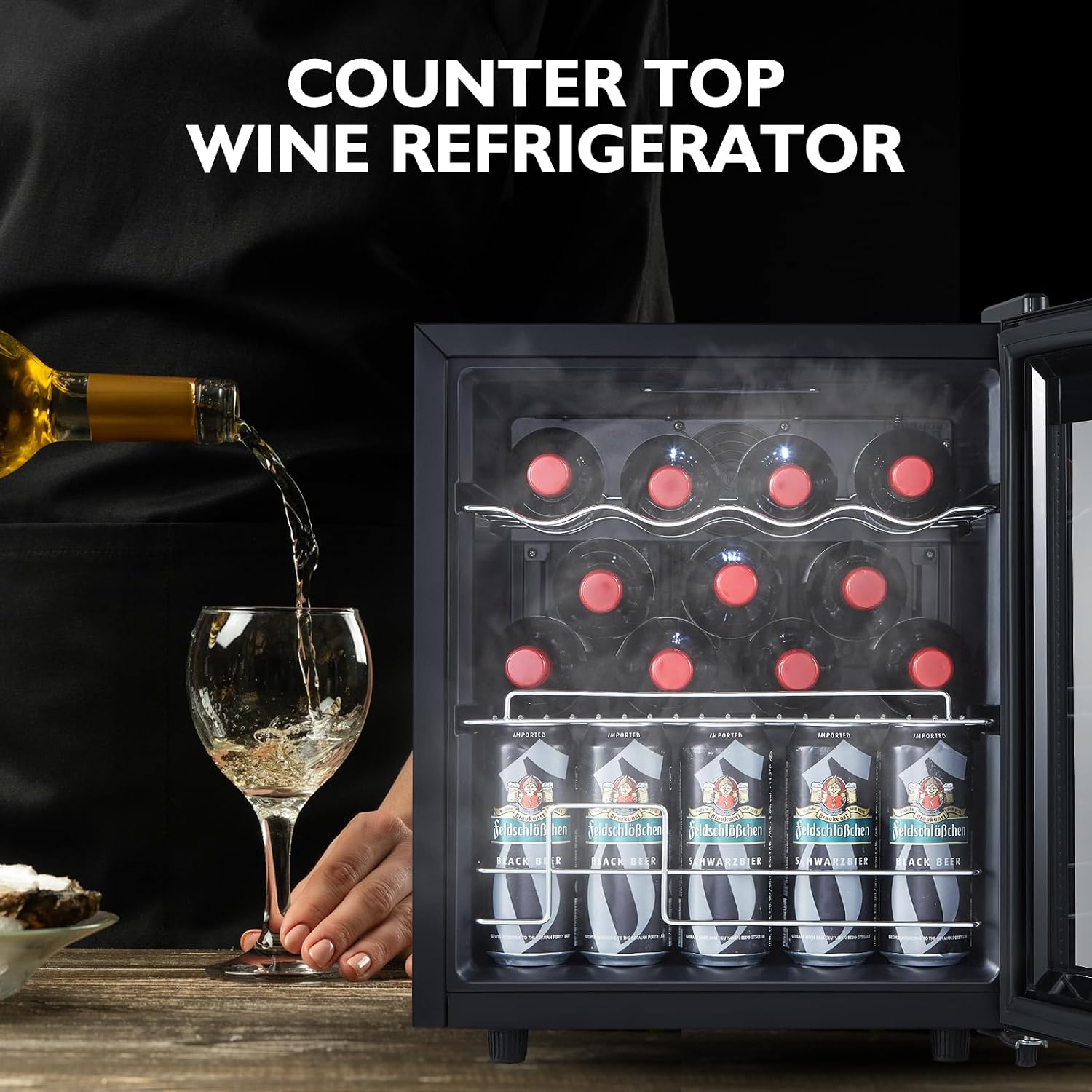 Mini Wine Fridge Freestanding, Cooler Refrigerator 15 Bottle w/Digital Control, Countertop for Red & White, Glass Door Black (ST-15045-R)