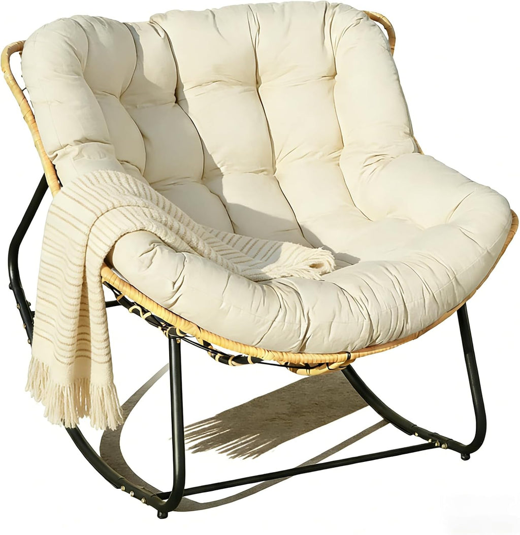 Outdoor Egg Rocking Chair, Patio Rocker Chair with Thick Cushion, Comfy Wicker Reading Lounge Chair Indoor Cozy Rocking Chairs for Patio, Balcony, Porch (Fabric, White, Modern)
