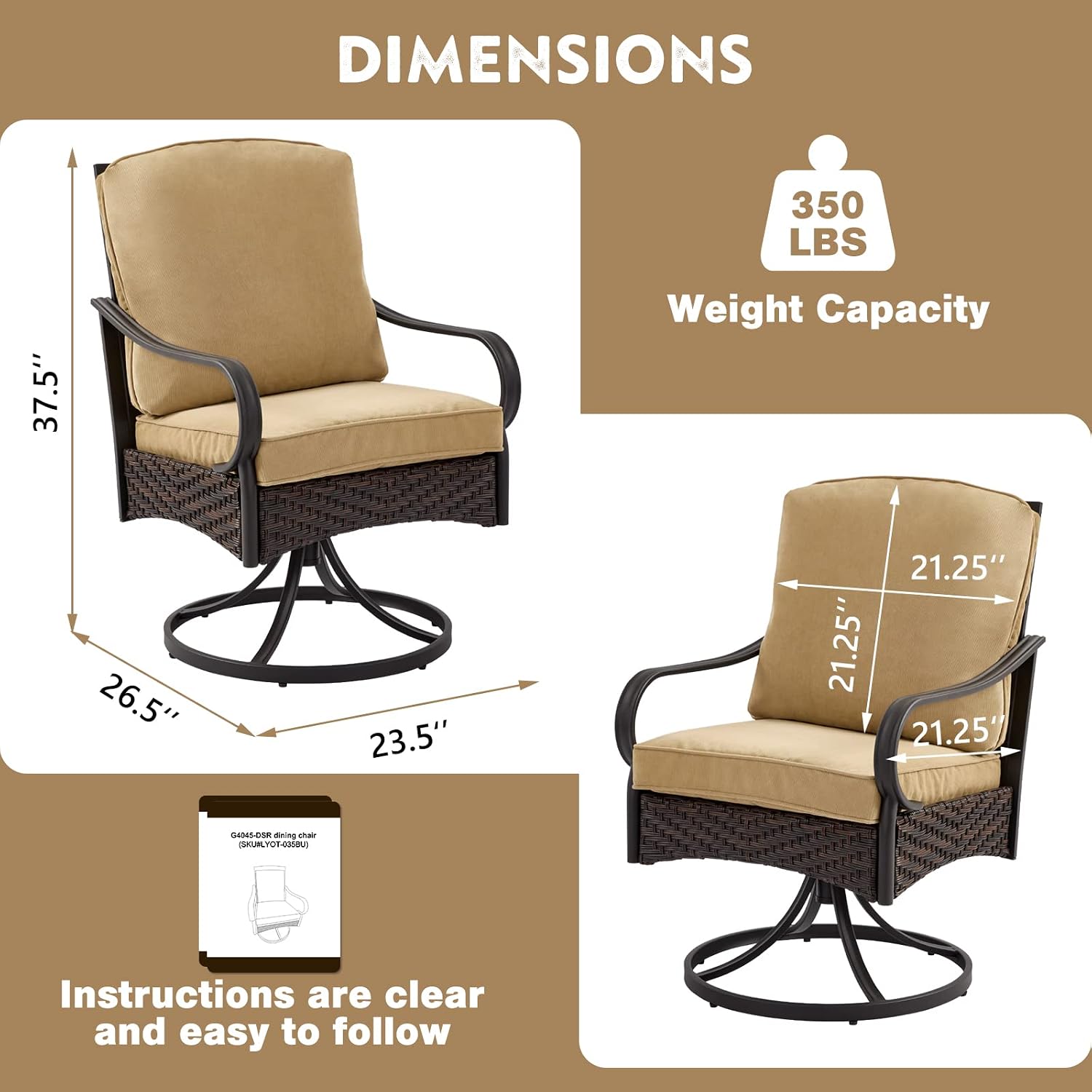 EROMMY Patio Swivel Chairs Set of 2, Outdoor Swivel Chairs with Cushion, Patio Dining Chairs for Garden, Patio, Backyard and Balcony, Khaki