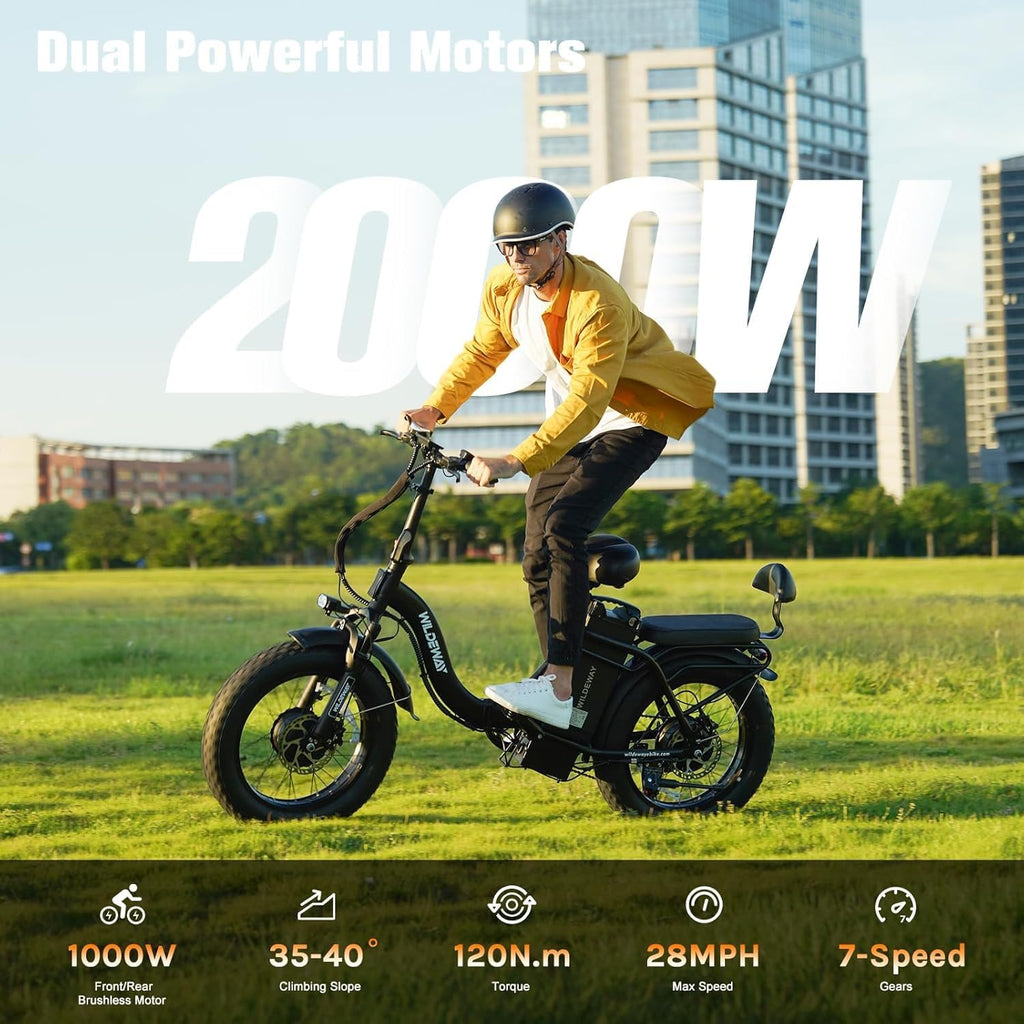 Wildeway Folding Electric Bike for Adults,2000W Dual Motor Ebike 20x4.0 Fat Tire All-Terrain 28MPH,48V 32Ah Removable Battery,7-Speed,Dual Hydraulic Disc Brake,City Commuting Delivery Bicycle