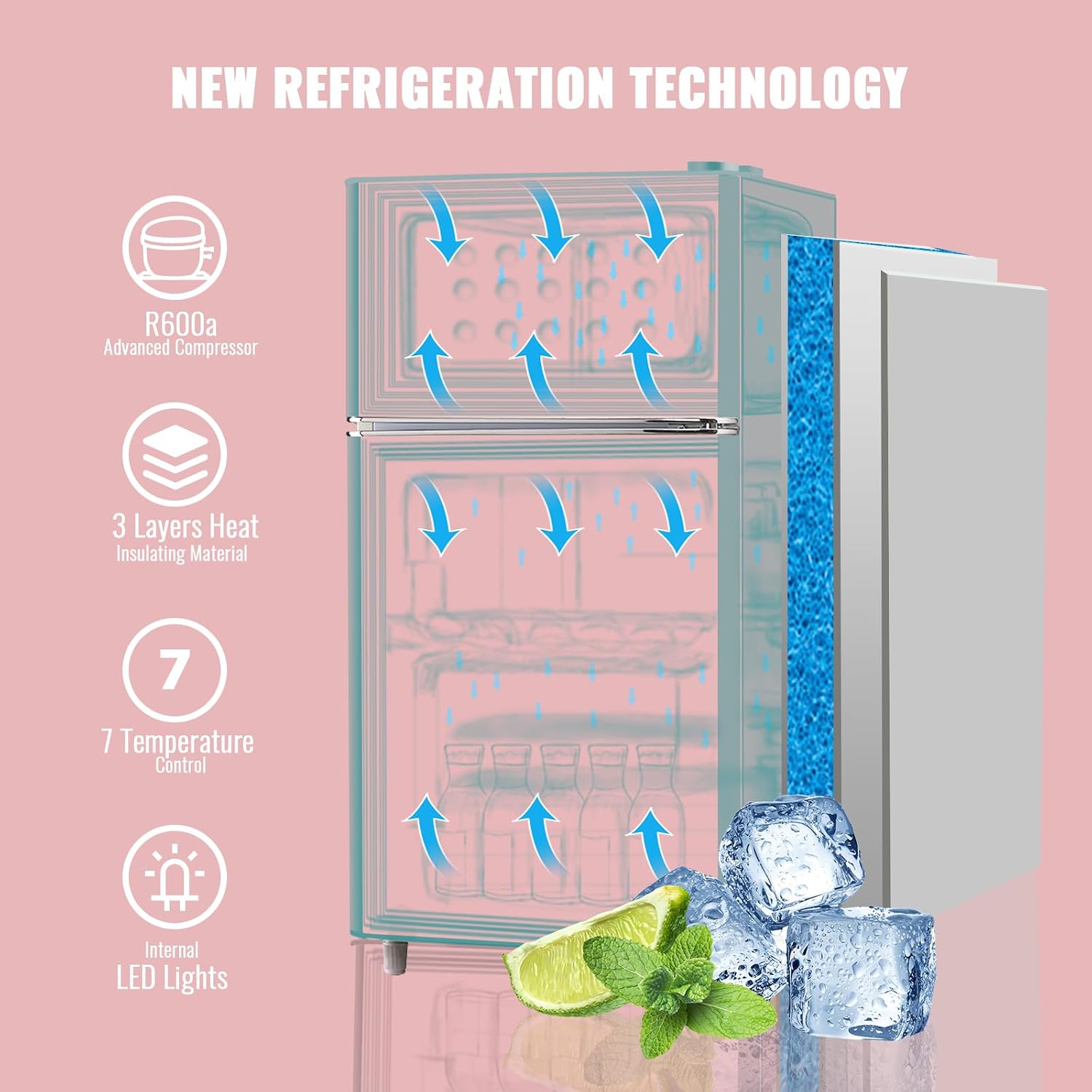 WANAI 3.5 Cu.ft Refrigerators Full-sized Fridge with Freezer Handles Blue Fridge Dual Door Classic Retro Refrigerator Removable Glass Shelves Adjustable Thermostat for Home Office Dorm RV