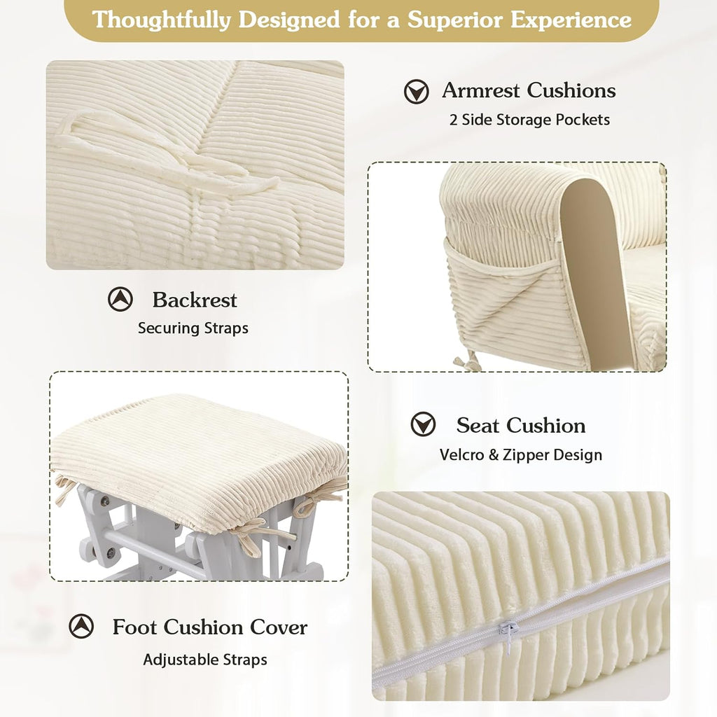 ANMINY 5pcs Glider Rocker Replacement Cushions Set - Thickened Fleece Glider Rocking Chair Cushions with 29.5 inch High Backrest & Side Pockets for Indoor Nursery, Washable & Non Slip, Beige