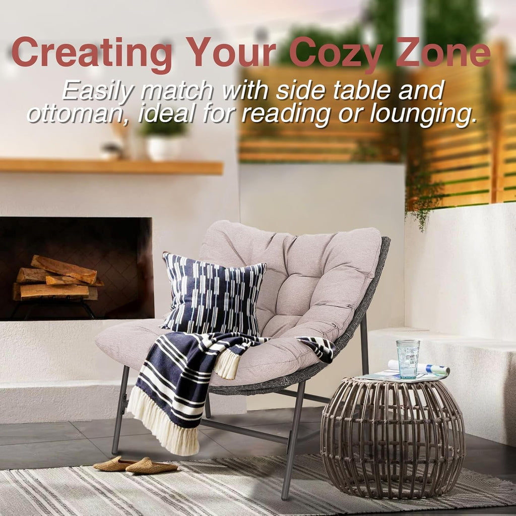 PHI VILLA Outdoor Papasan Chairs Set of 2, Oversized Scoop Wicker Chairs with Cushions & Steel Frame, Double Comfy Conversation Reading Furniture for Apartment Patio, Porch, Deck, Balcony