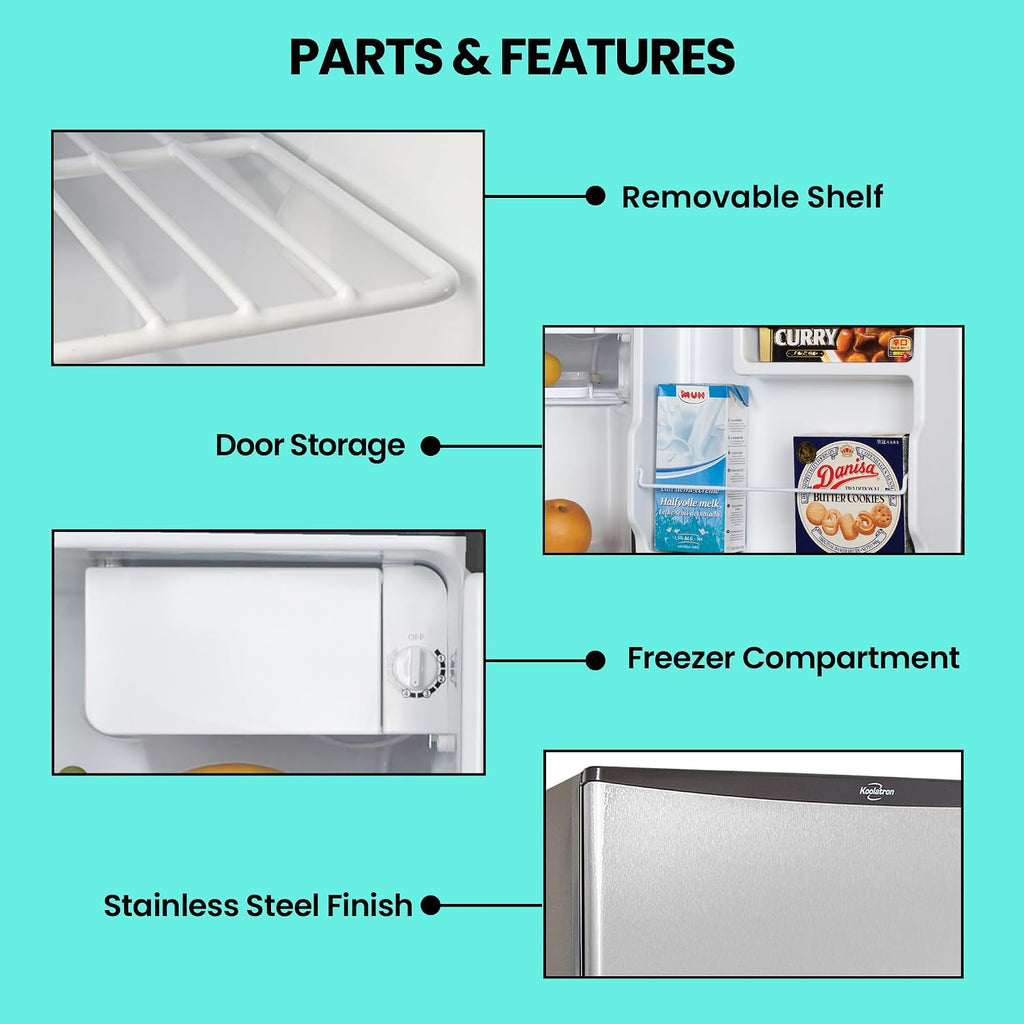 Koolatron Refrigerator - Mini Fridge With Freezer For Kitchen, Bedroom, Office, Dorms, Cool Storage For Wine, Beverages, Compact Free Standing, 1.6 Cubic Feet Capacity, White