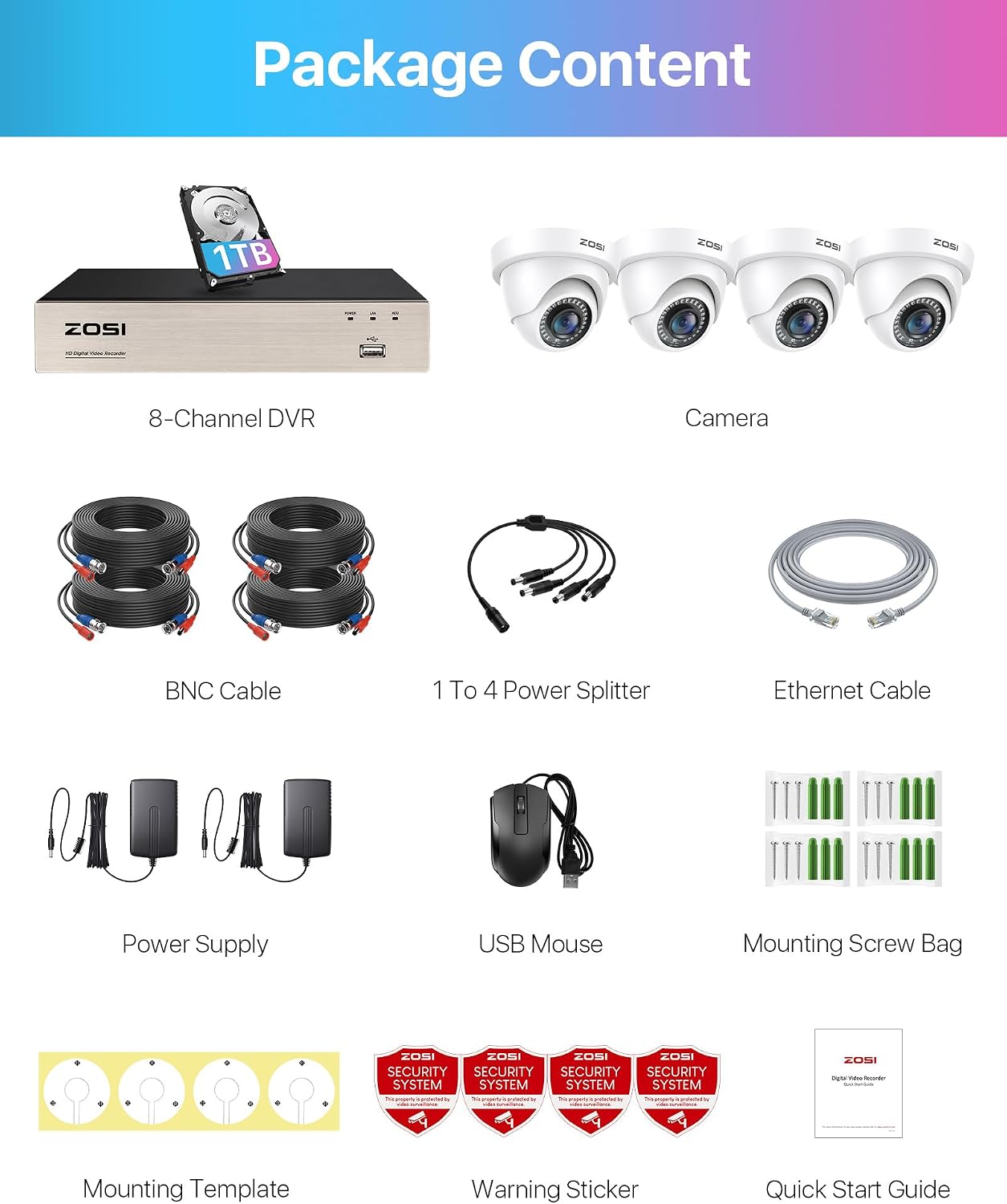 ZOSI H.265+ 8CH 5MP Lite DVR Kit with 1TB Hard Drive and 4 Outdoor Cameras, Motion Detection & Instant Alerts, Remote Access