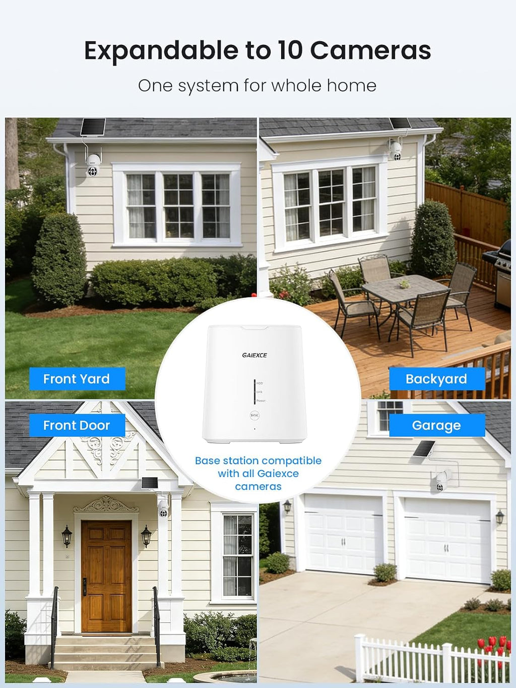 Solar Cameras Outdoor Wireless, No Subscription, Expandable to 10CH, 4 Cam Kit, Home Security Camera System, 4MP Color Night Vision, 360° Pan&Tilt, PIR/AI Detection, 2.4G/5G WiFi, 64G SD Card