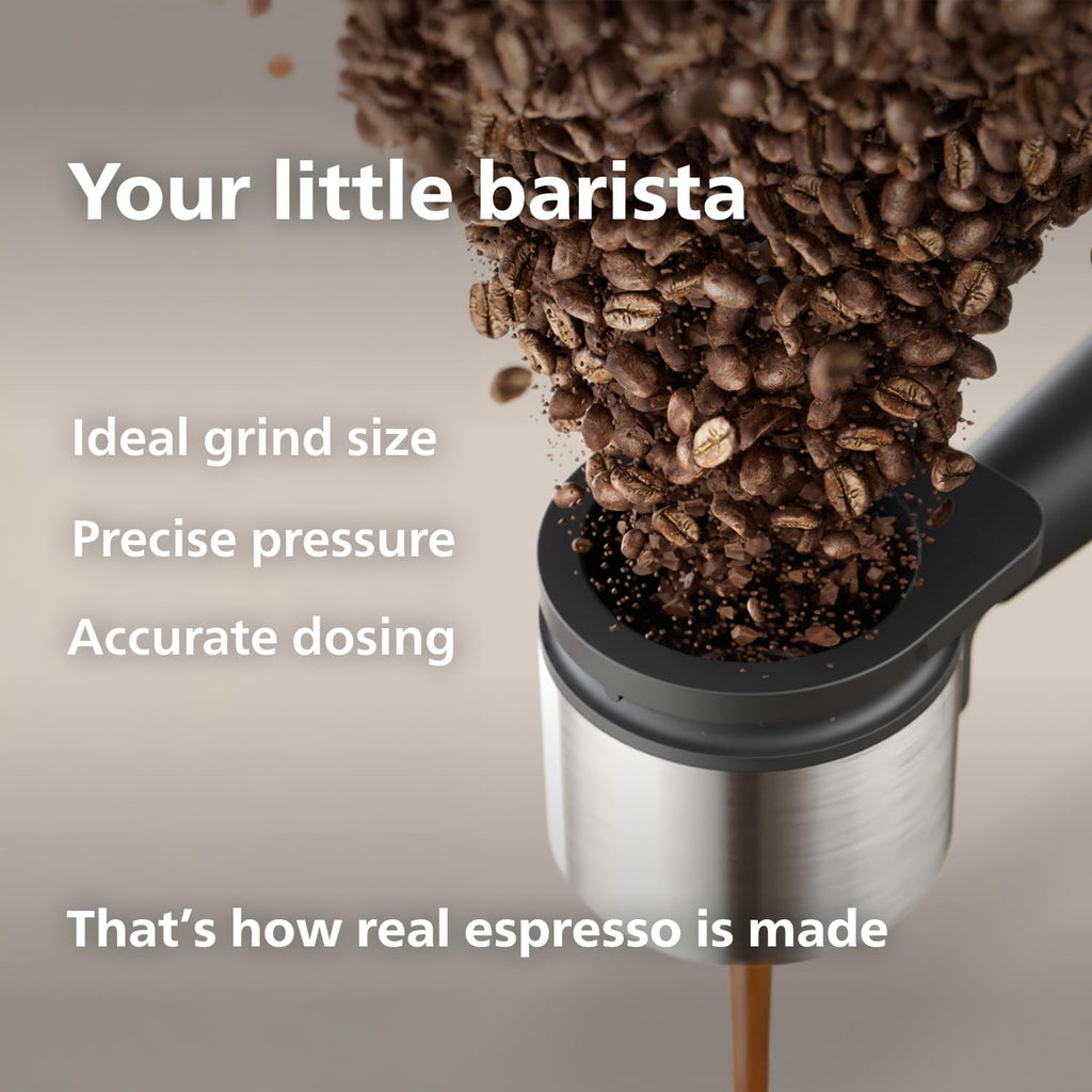 Philips Baristina Espresso Machine+Milk Frother Bundle. Real espresso. Compact coffee machine,portafilter, grinder, Cafe Crema. Dairy & Non-Dairy Milk foam. Hot & Cold. Easy Clean. White (BAR303/00)
