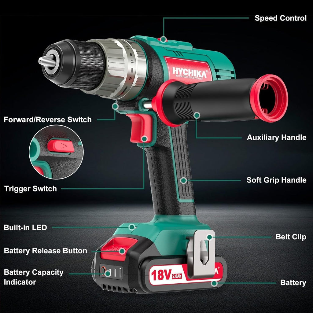 2 Sets of 18V Cordless Hammer Drill Driver, 400 In-lbs Torque Power Drill with Auxiliary Handle, 1/2' Metal Chuck, 2.0Ah Battery, 1H Fast Charger, 21+3 Clutch, LED Light for Drilling Wood Metal Wall