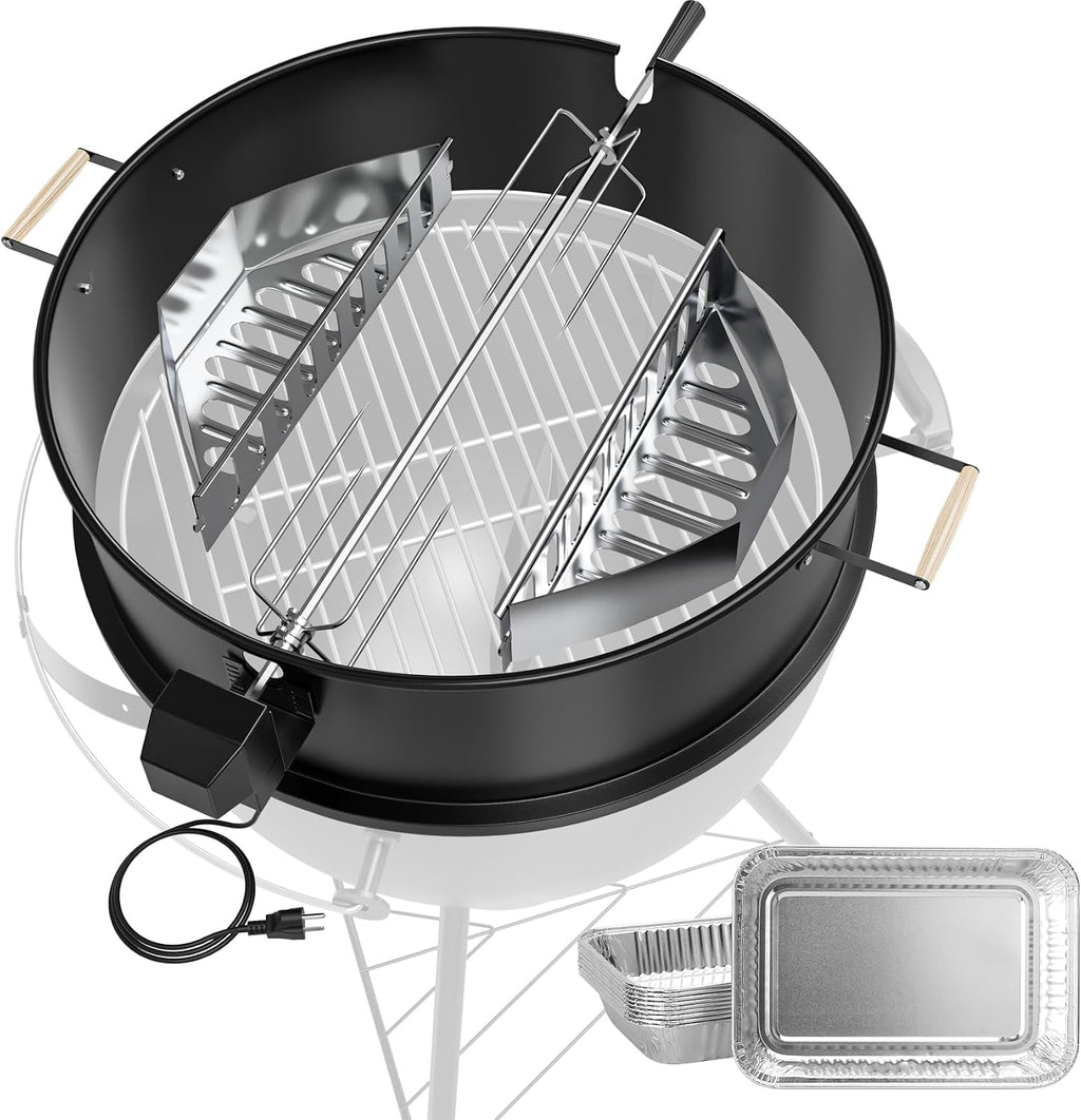 Upgraded Rotisserie Kit for Weber 22 inch Kettle Charcoal Grills Accessories, Rotisserie Grill Kit for Weber & Other Similar Size Grills, with Handles, Charcoal Baskets,10 Pcs Drip Pans, Black