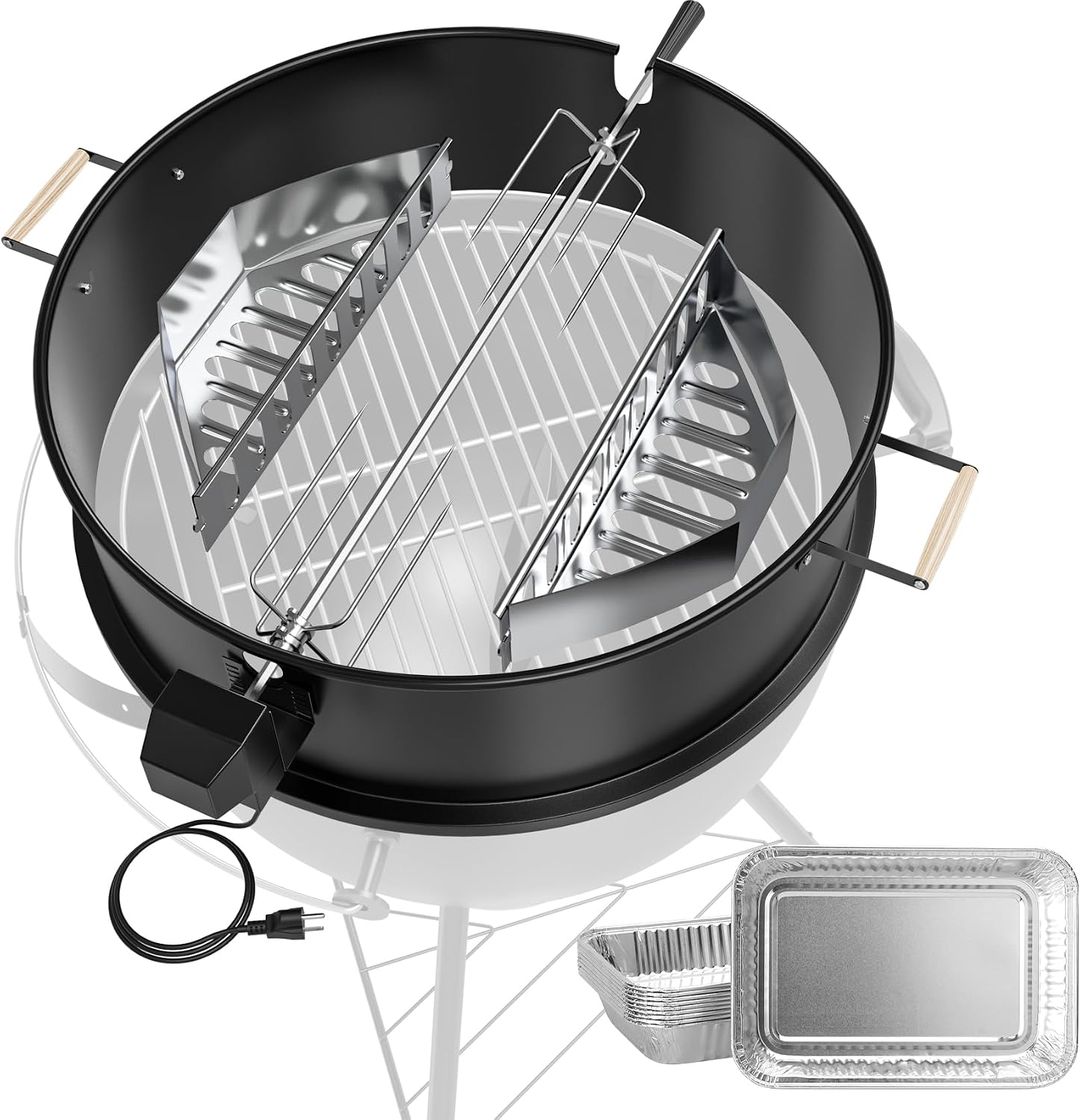 Upgraded Rotisserie Kit for Weber 22 inch Kettle Charcoal Grills Accessories, Rotisserie Grill Kit for Weber & Other Similar Size Grills, with Handles, Charcoal Baskets,10 Pcs Drip Pans, Black