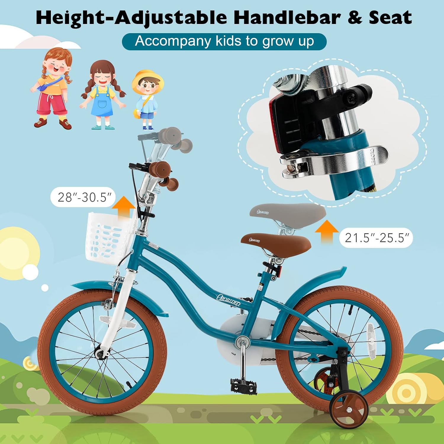 BABY JOY Kids Bike, 12 14 16 18 20 Inch Boys Girls Bike w/Adjustable Seat, Removable Basket, Handbrake & Coaster Brake, Training Wheels or Kickstand, Kids Bicycle with Multi-Color