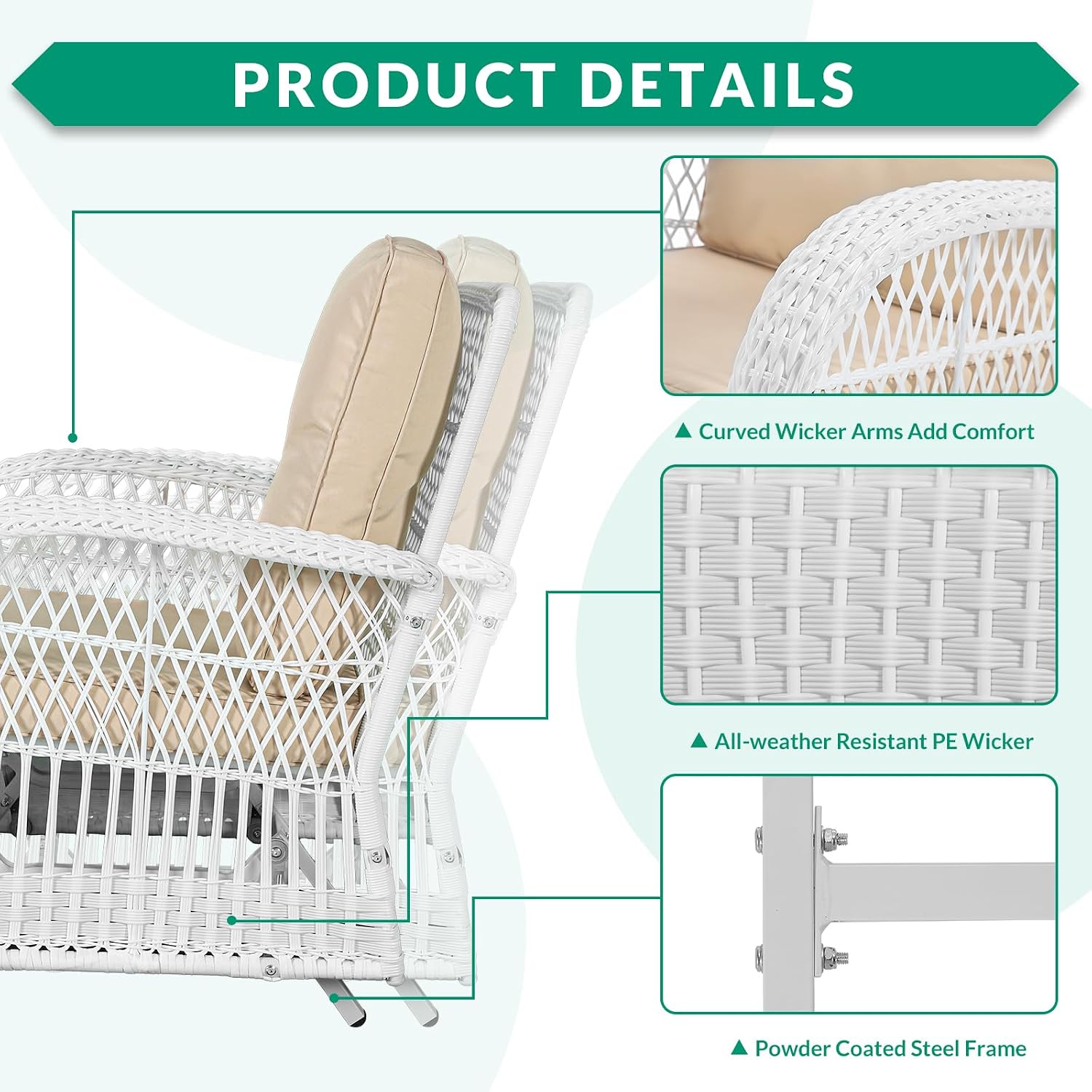 VIVIJASON 2-Piece Outdoor White Wicker Glider Rocking Chair, Patio Rattan Swing Glider Chairs with Cushions & Steel Frame, All-Weather Gliding Lawn Wicker Furniture for Garden Backyard Porch, Beige