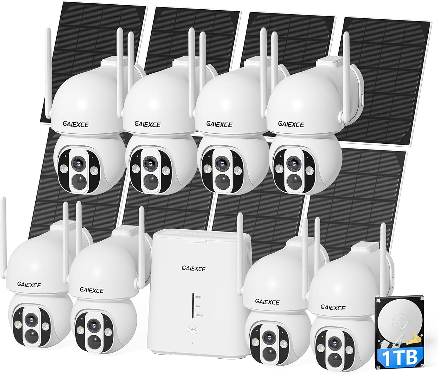 Solar Outdoor Cameras for Home Security, 8 Cam Kit, No Subscription, Wireless Security Camera System, Expandable to 10CH, 360° View PT Cameras, 2K Color Night Vision, 2.4G & 5GHz WiFi, 1TB HDD