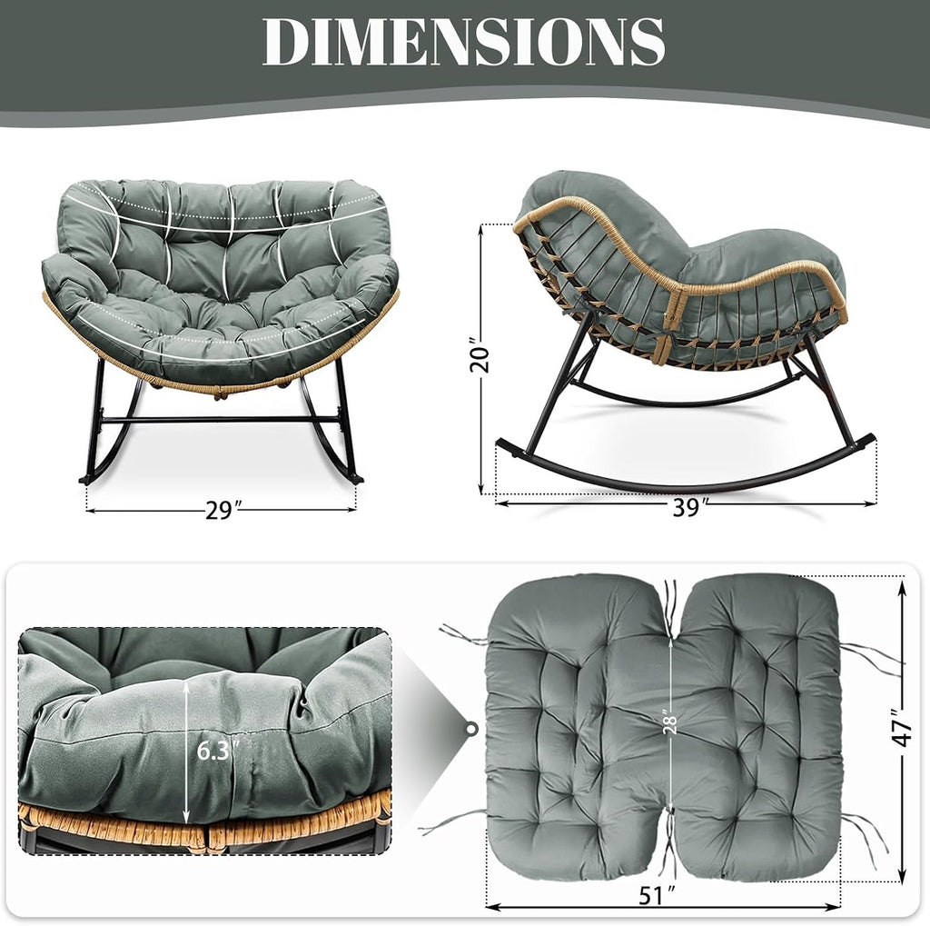 Outdoor Rocking Chair Cushions Replacement, 6''Thick Waterproof & Fade Resistant Papasan Chair Cushion with 6 Straps,Tufted Egg Chair Cushion for Indoor & Outdoor (Light Gray)