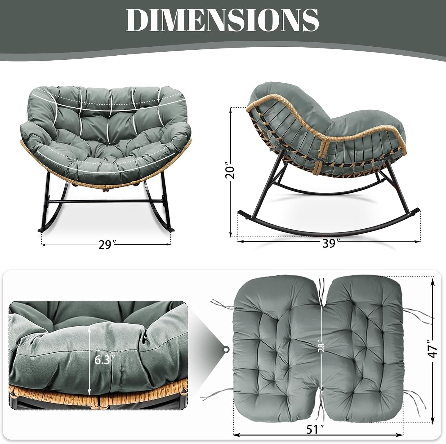 Outdoor Rocking Chair Cushions Replacement, 6''Thick Waterproof & Fade Resistant Papasan Chair Cushion with 6 Straps,Tufted Egg Chair Cushion for Indoor & Outdoor (Light Gray)