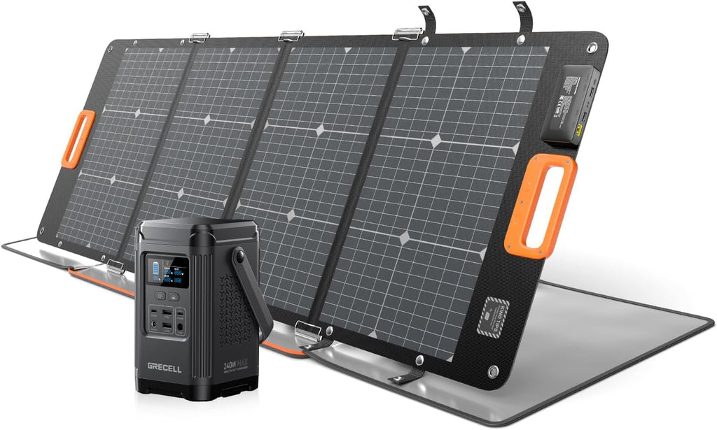GRECELL 240W Portable Power Station with 120W Solar Panel, 24% High Efficiency 153.6WH Solar Generator, LiFePO4 Battery Dual Way 100W PD, Portable Power Bank with Integrated Stand for Outdoors Travel