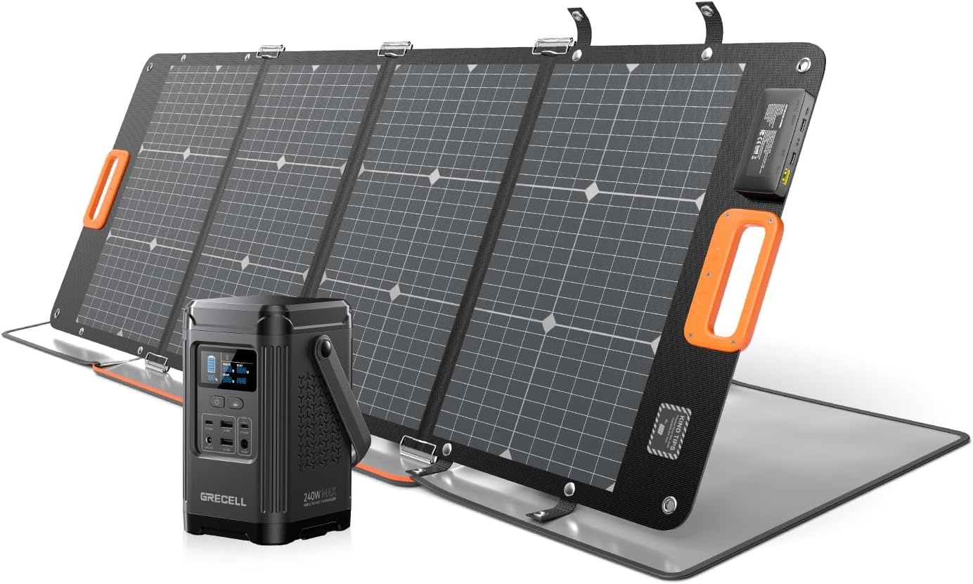 GRECELL 240W Portable Power Station with 120W Solar Panel, 24% High Efficiency 153.6WH Solar Generator, LiFePO4 Battery Dual Way 100W PD, Portable Power Bank with Integrated Stand for Outdoors Travel
