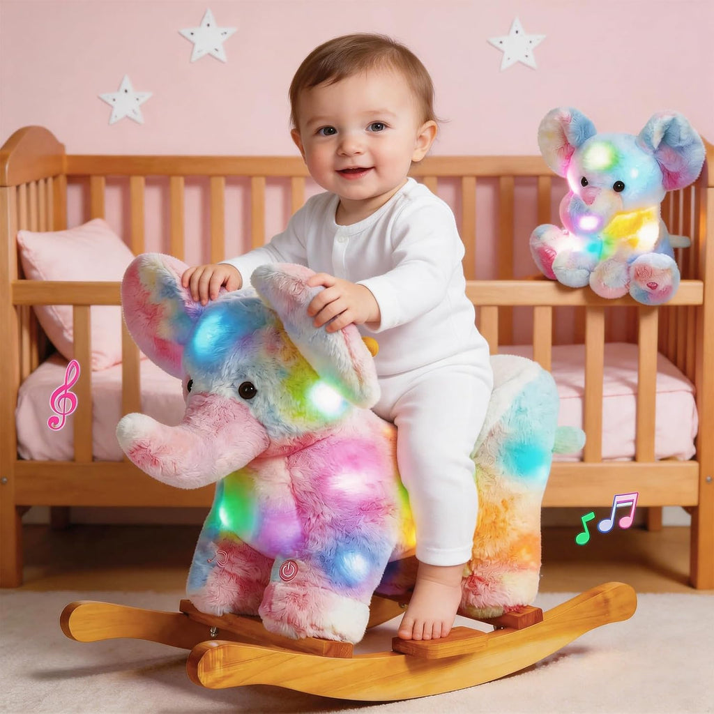 Glow Guards Light up Musical Elephant Baby Rocking Horse, Rainbow Elephant Rocker Set of 2 with Stuffed Animal, Stuffed Plush Ride-on Rocking Animal for Toddlers Baby Girl Ages 1-3