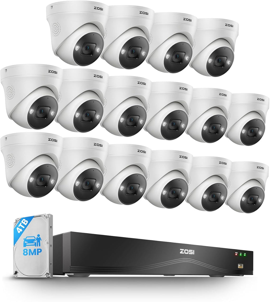 ZOSI 32CH 4K PoE Security Camera System,16pcs 8MP Dome Cameras,Person Vehicle Detection,Two-Way Talk,Spotlight Color Night Vision,16Port 32Channel NVR with 4TB HDD,24/7 Recording for Home/Business