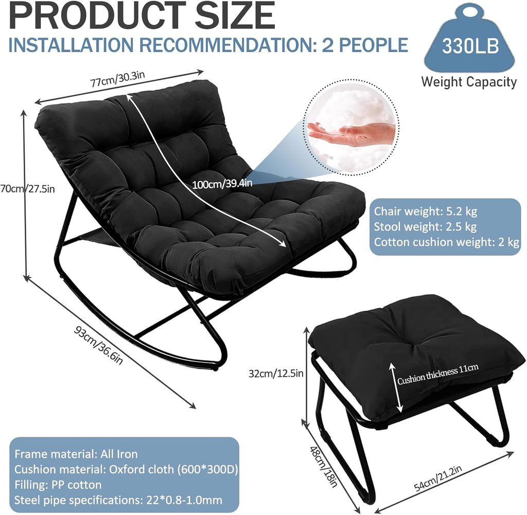 Oversized Papasan Rocker, Comfy Patio Rocking Chair, Outdoor Rocker Chair, Indoor Rocking Egg Chair with Cushion & Ottoman for Bedroom, Living Room, Front Porch (Black)