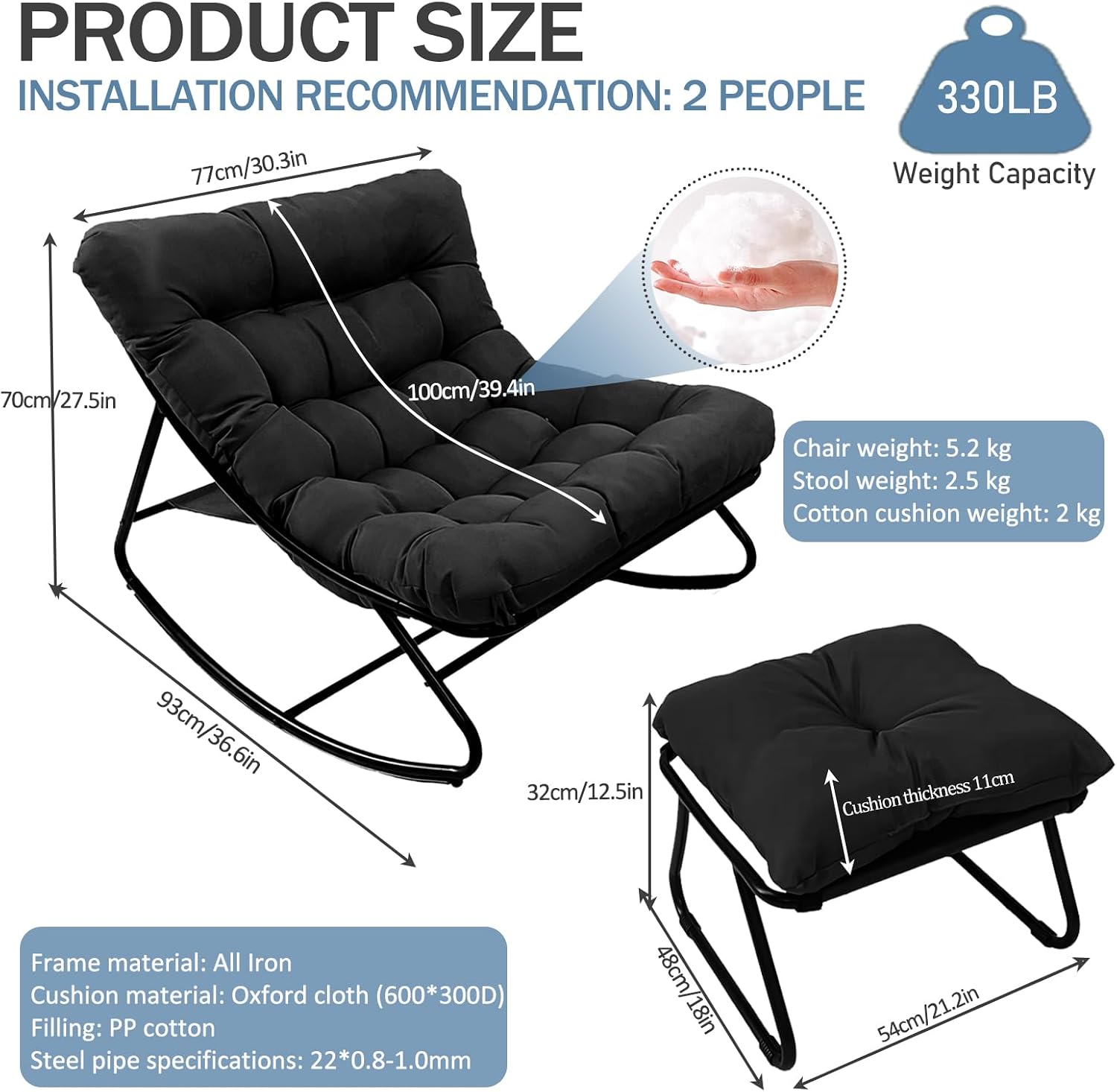 Oversized Papasan Rocker, Comfy Patio Rocking Chair, Outdoor Rocker Chair, Indoor Rocking Egg Chair with Cushion & Ottoman for Bedroom, Living Room, Front Porch (Black)