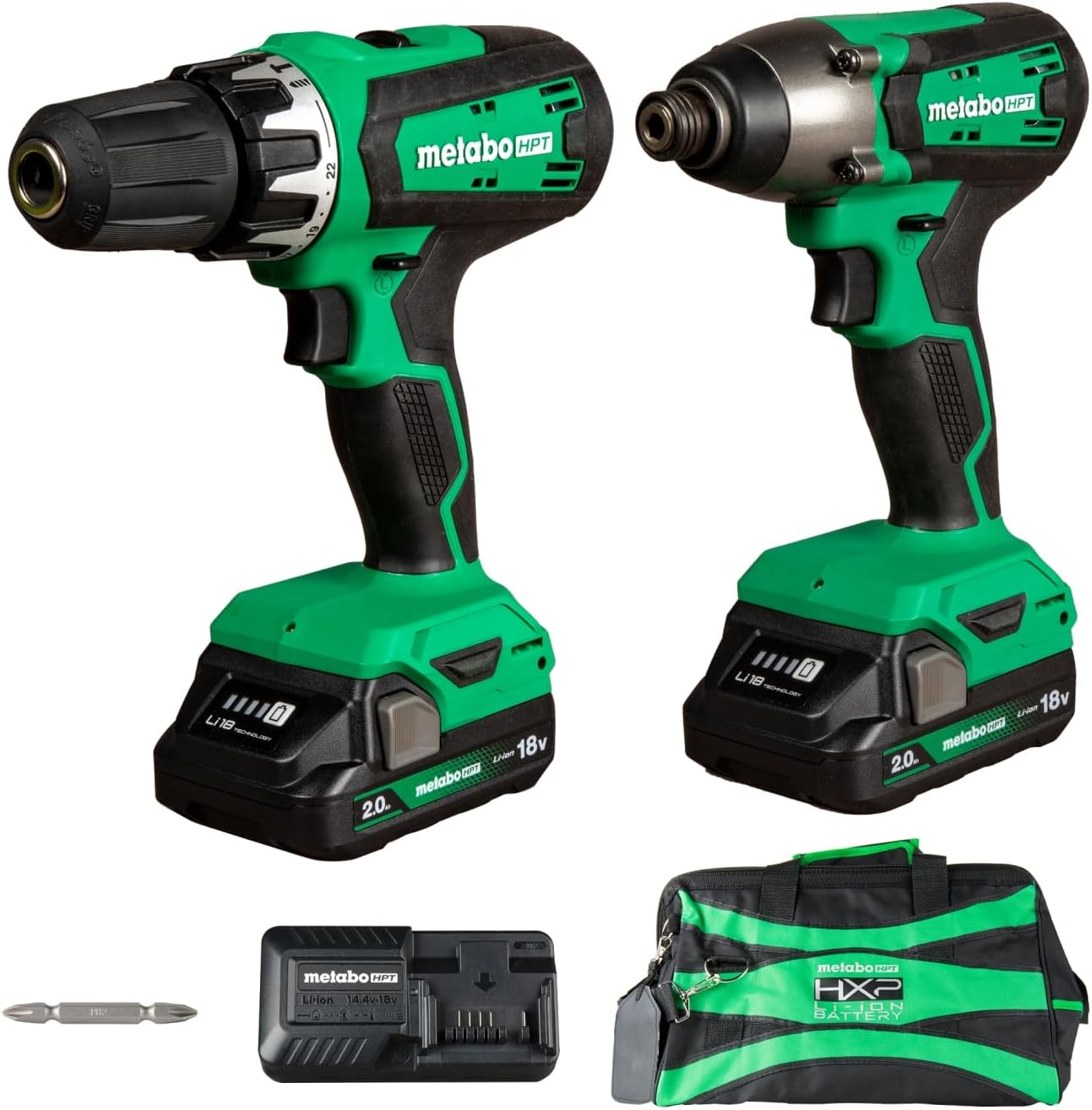 Metabo HPT 18V MultiVolt Cordless Hammer Drill and Impact Driver Combo Kit, Cordless Power Tool Set with 2 Lithium-Ion Batteries and Charger, Lightweight and Ergonomic Design, Carrying Bag, KC18DFX