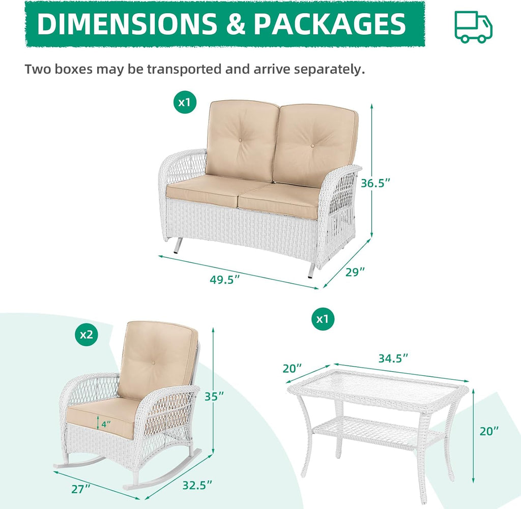 VIVIJASON 4-Piece Outdoor Patio White Wicker Conversation Sets, All Weather Outdoor Rattan Furniture Set Includes Glider Loveseat, Coffee Table, 2 Rocking Chairs with Cushions for Backyard, Beige