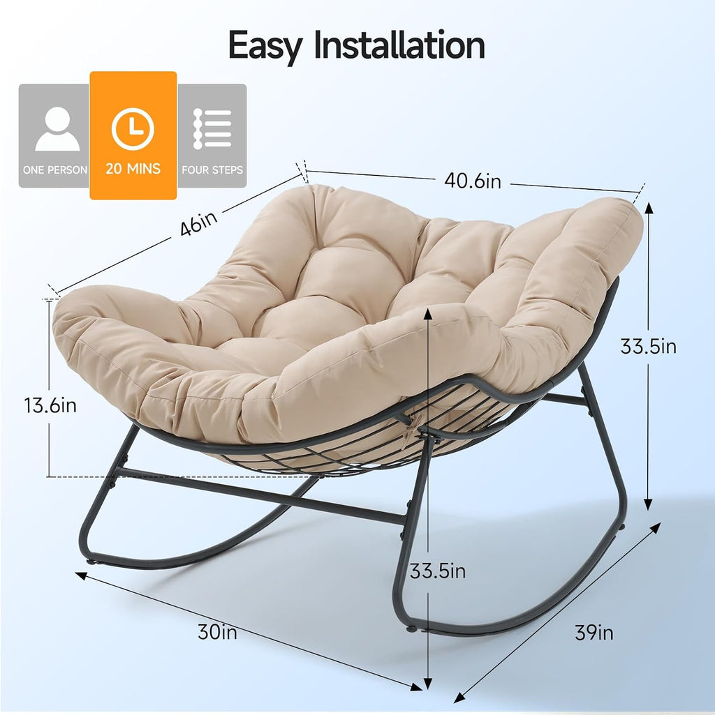 ONBRILL Outdoor Papasan Rocking Chair, 450 lbs Oversized Comfy Patio Chair with Thickened Cushion, Indoor Egg Rocking Lounge Chairs, Rocker Chairs for Patio Porch Garden Living Room Bedroom, Beige