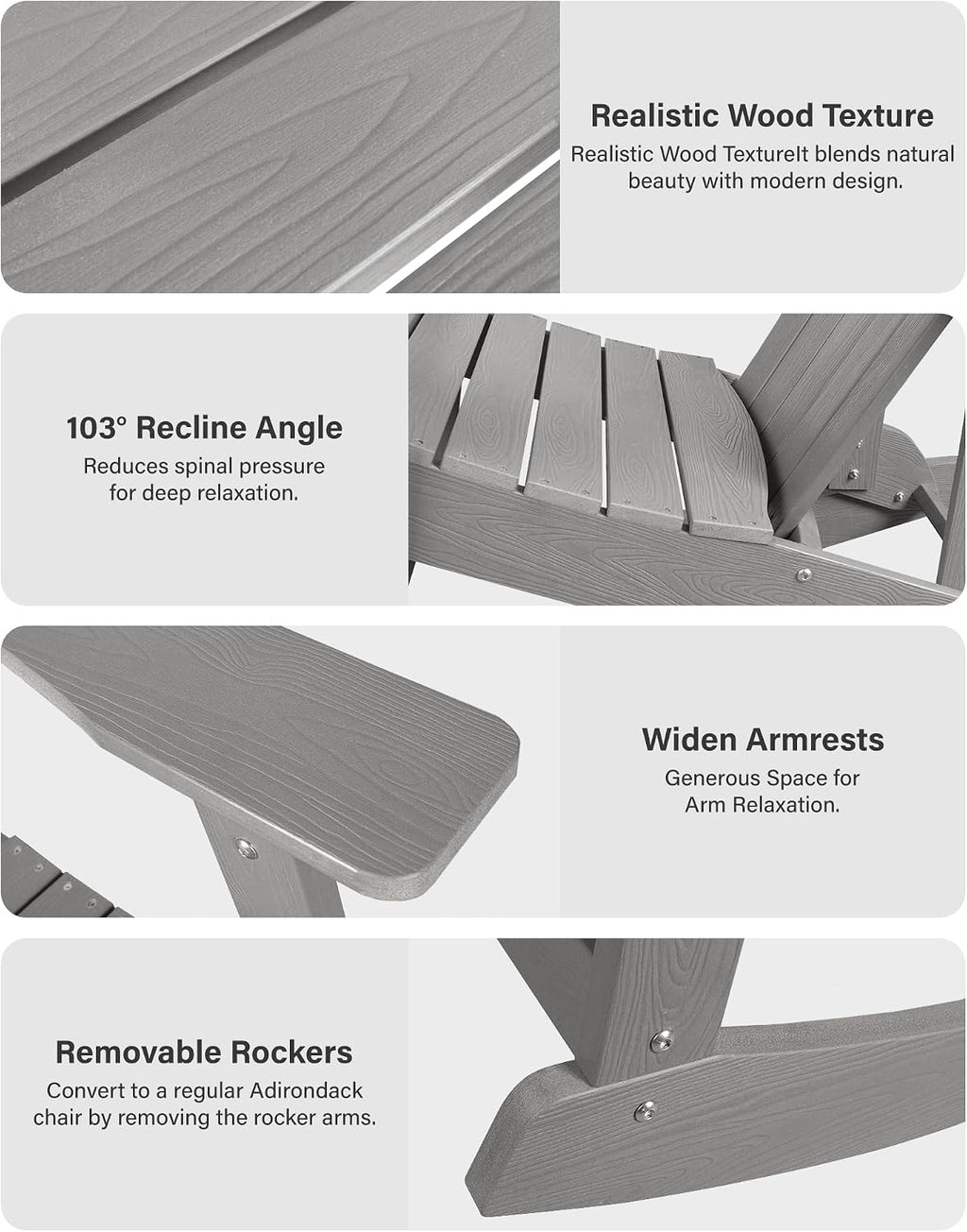 YEFU Outdoor Rocking Chair,Adirondack Rocking Chair,Patio Rocker Chair with Wide Back,Oversized Rocker Chair Look Like Real Wood, for Lawn, Porch, Backyard, Indoor and Garden(Grey)