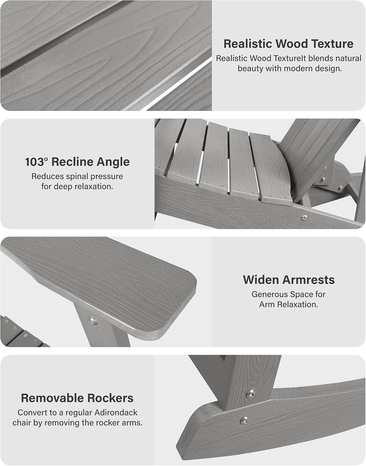 YEFU Outdoor Rocking Chair,Adirondack Rocking Chair,Patio Rocker Chair with Wide Back,Oversized Rocker Chair Look Like Real Wood, for Lawn, Porch, Backyard, Indoor and Garden(Grey)