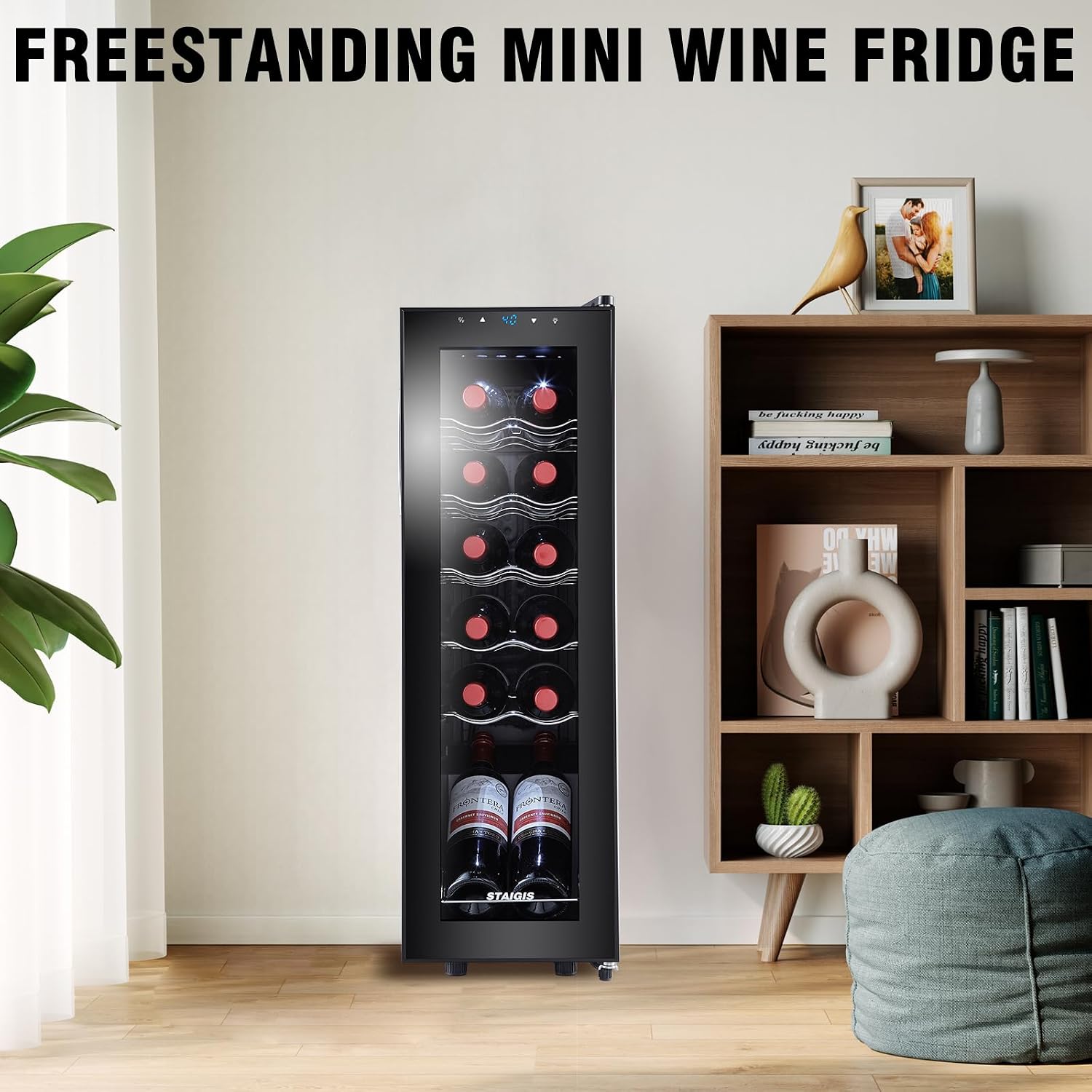 12 Bottle Wine Cooler, Mini Fridge for Red and White, Small Freestanding Refrigerator with 40-66F Digital Temperature Control Glass Door