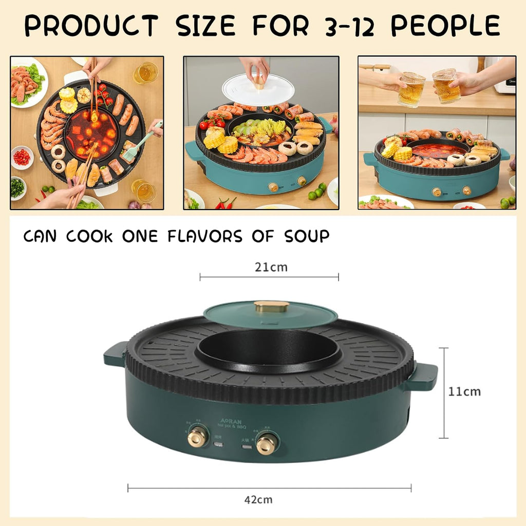 Household Electric Hot Pot with Grill, Teppanyaki Grill Pot and BBQ Pan, Independent Temperature Control, Non-stick Coating, Easy to Clean, For 3-12 People to Enjoy, 1700 W,B
