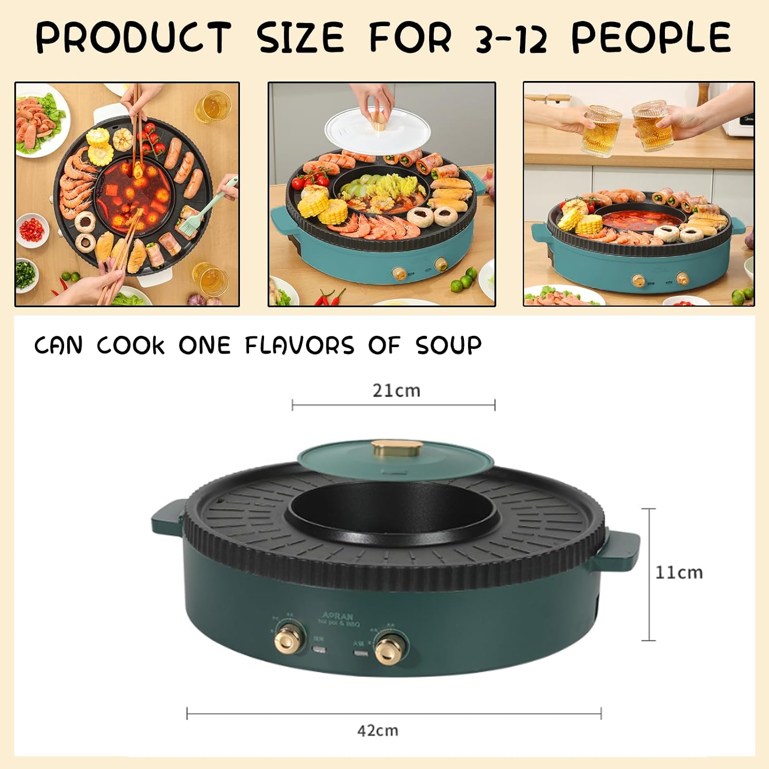 Household Electric Hot Pot with Grill, Teppanyaki Grill Pot and BBQ Pan, Independent Temperature Control, Non-stick Coating, Easy to Clean, For 3-12 People to Enjoy, 1700 W,B