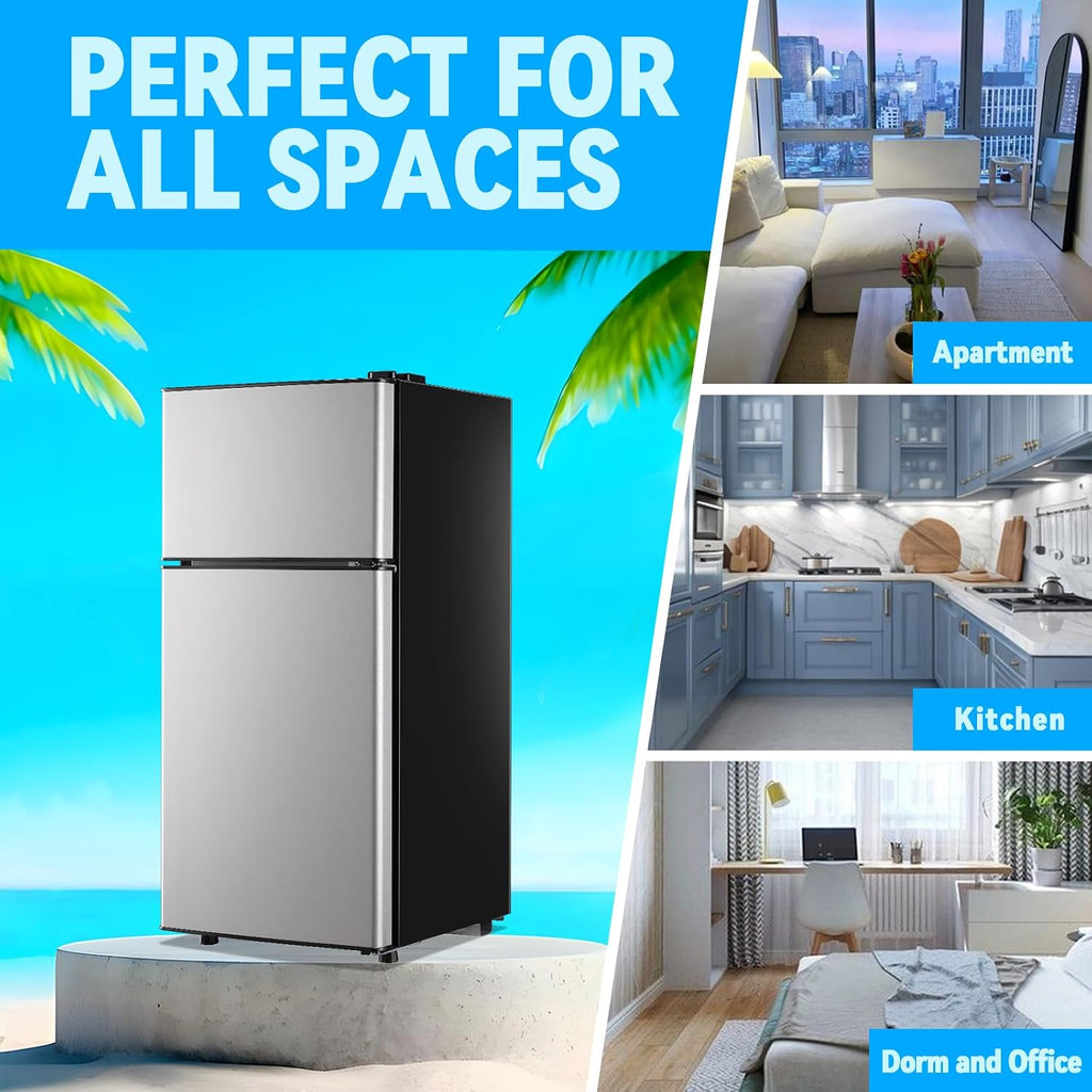 Mini Fridge with Freezer 2.4 Cu.ft Mini Refrigerator Double Doors Dorm Fridge Compact 7 Modes Temp Suit for Apartment Bedroom Office Silver