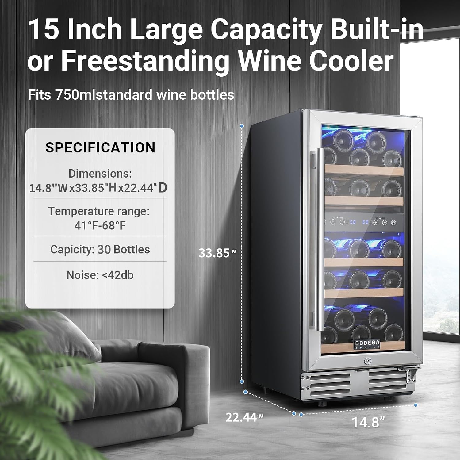 BODEGA 15 Inch Dual Zone Wine Fridge, 30 Bottle, Black 15' Wine Cooler Under Counter For Home and Kitchen, With Double-Layer Glass Door, Wine Refrigerators Free standing with Temperature Control.