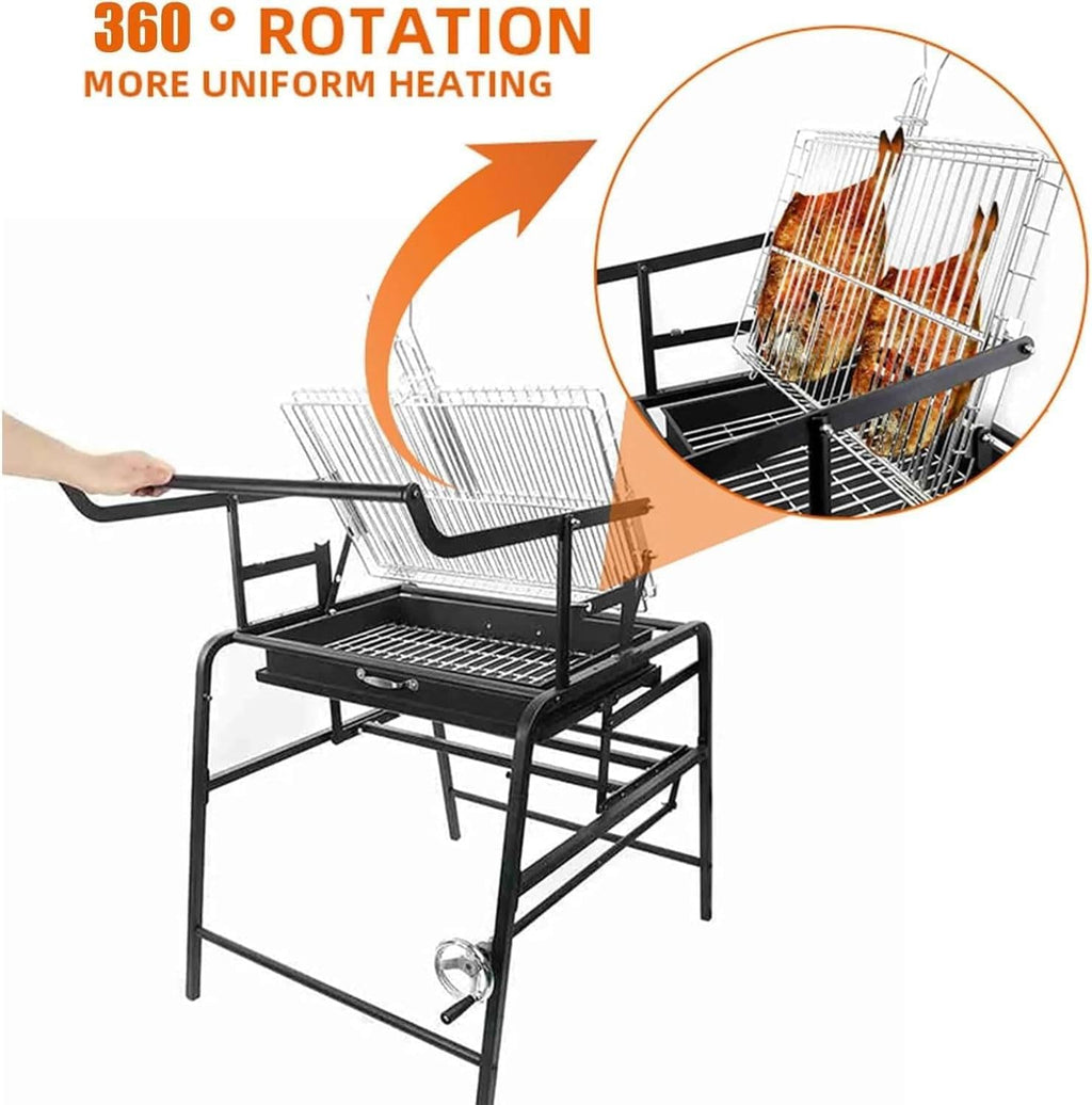 Outdoor Foldable Charcoal Grill 360° Rotating Stainless Steel Barbecue, Stainless Steel Flipping Outdoor BBQ Grill, for Camping, Travel, Parties, and Entertainment